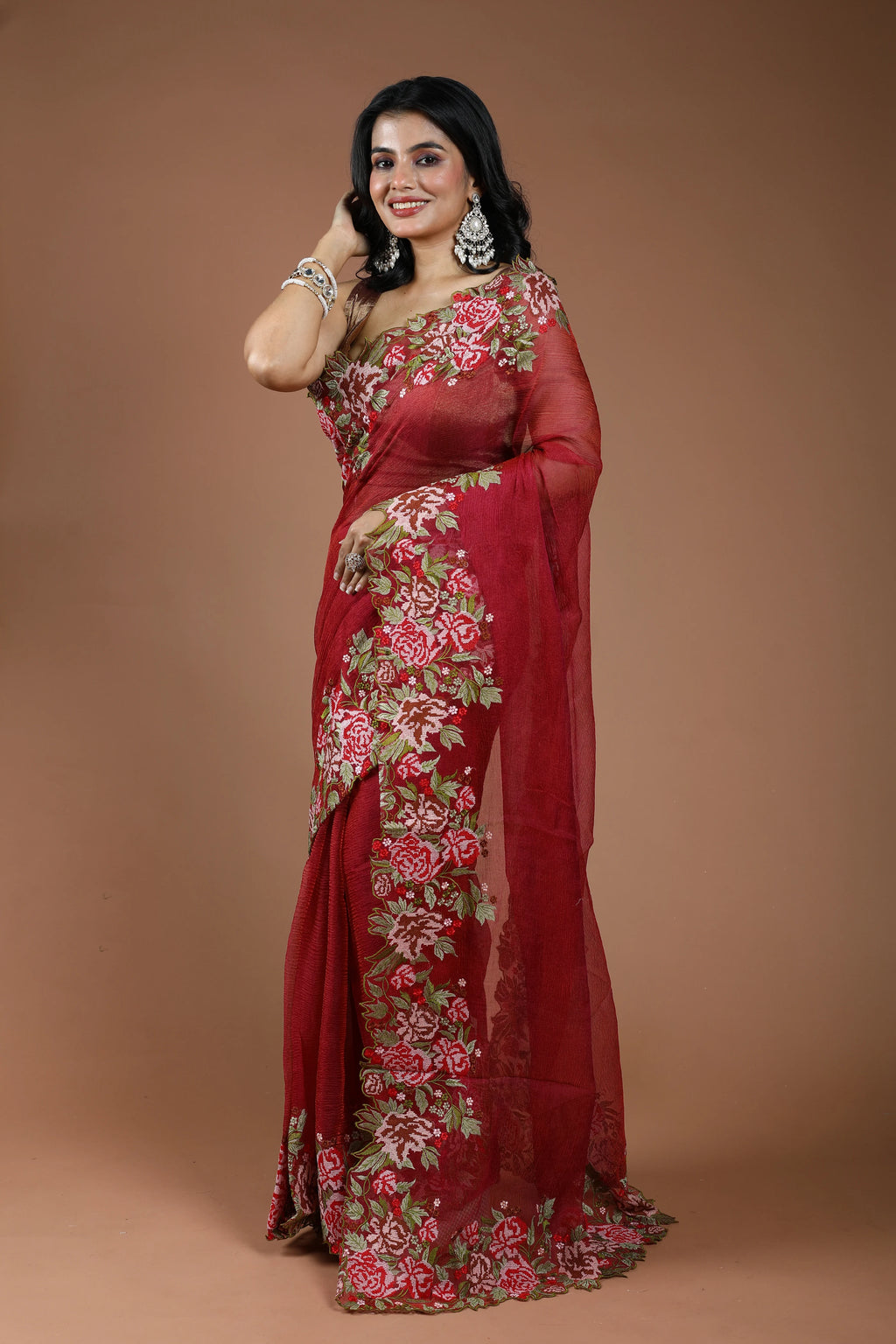 Maroon Pure Crush Tissue Embroidery Saree With Blouse Piece