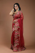 Maroon Pure Crush Tissue Embroidery Saree With Blouse Piece
