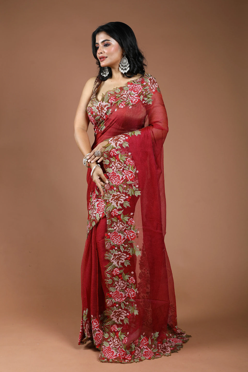 Maroon Pure Crush Tissue Embroidery Saree With Blouse Piece