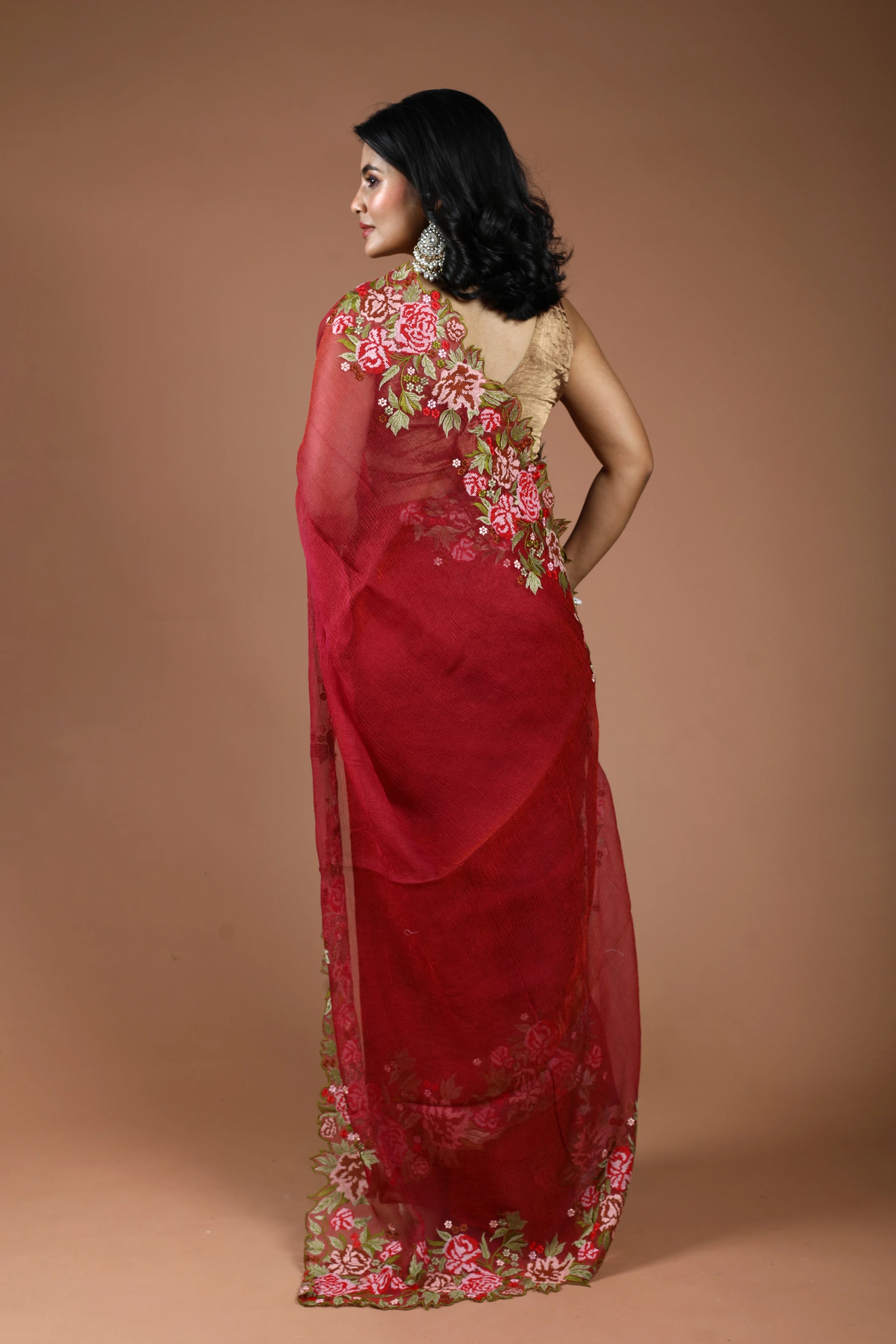 Maroon Pure Crush Tissue Embroidery Saree With Blouse Piece