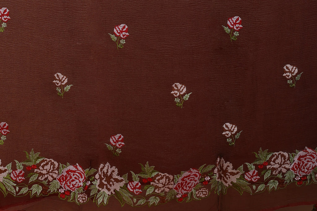 Dark Brown Pure Crush Tissue Embroidery Saree With Blouse Piece
