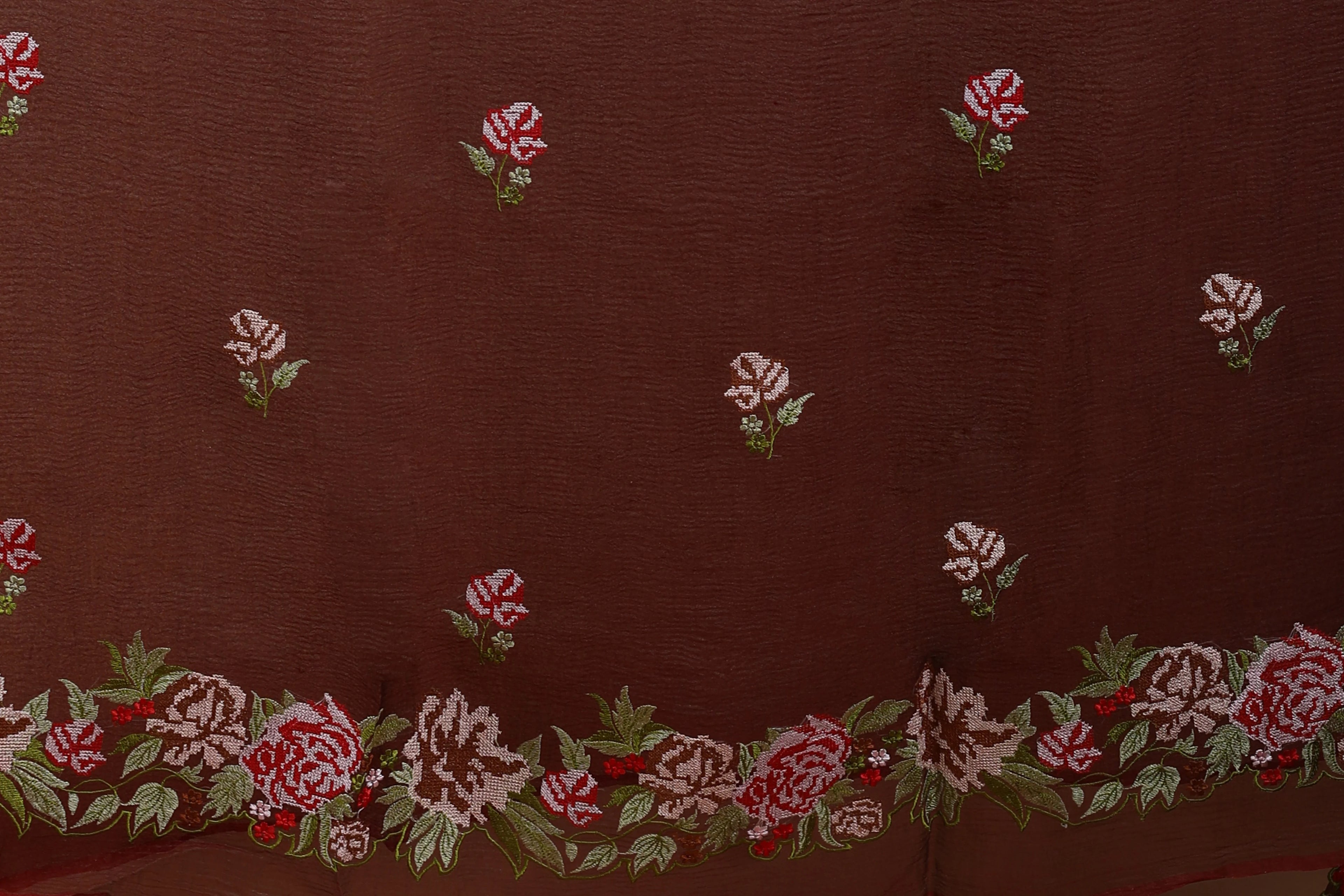 Dark Brown Pure Crush Tissue Embroidery Saree With Blouse Piece