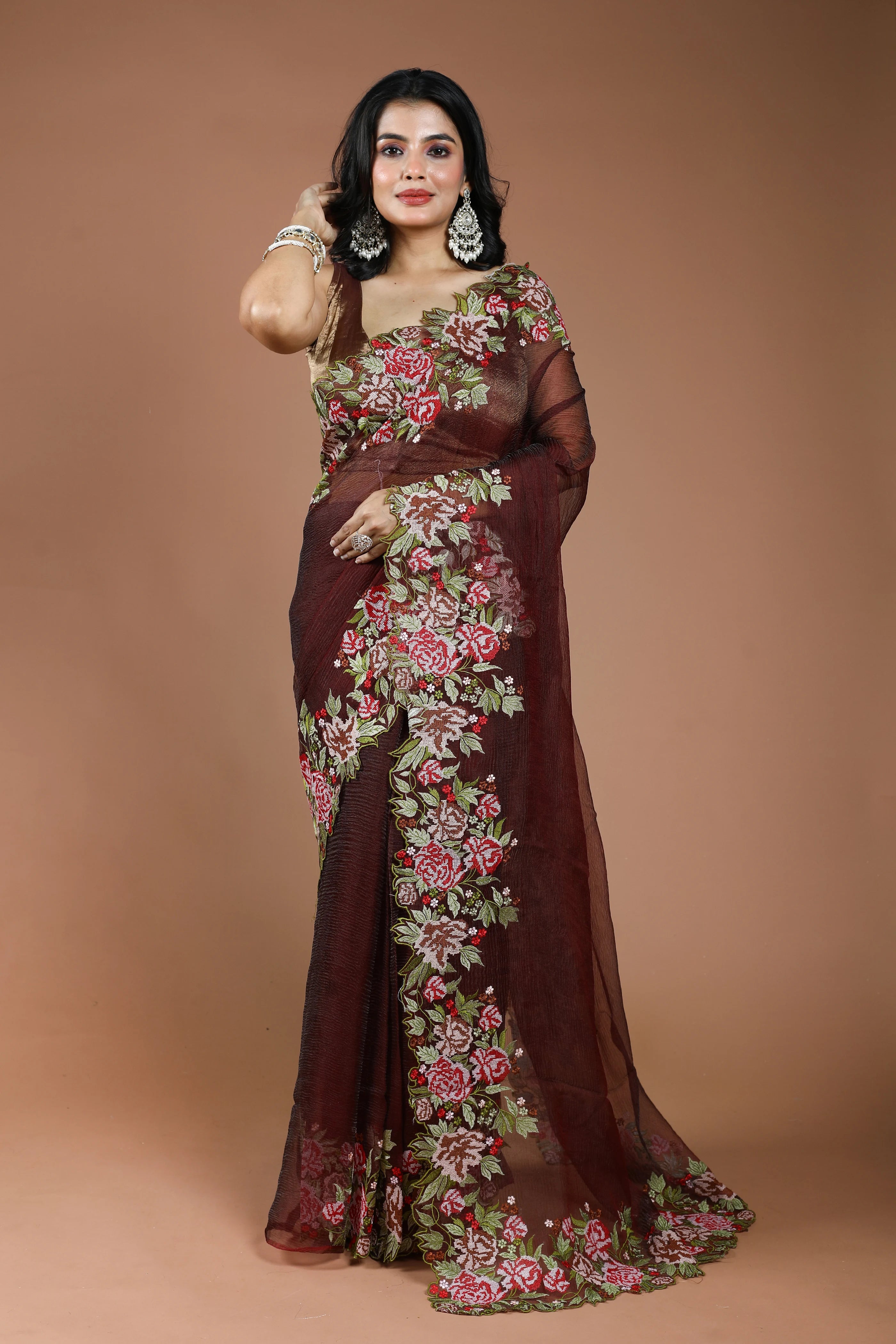 Dark Brown Pure Crush Tissue Embroidery Saree With Blouse Piece