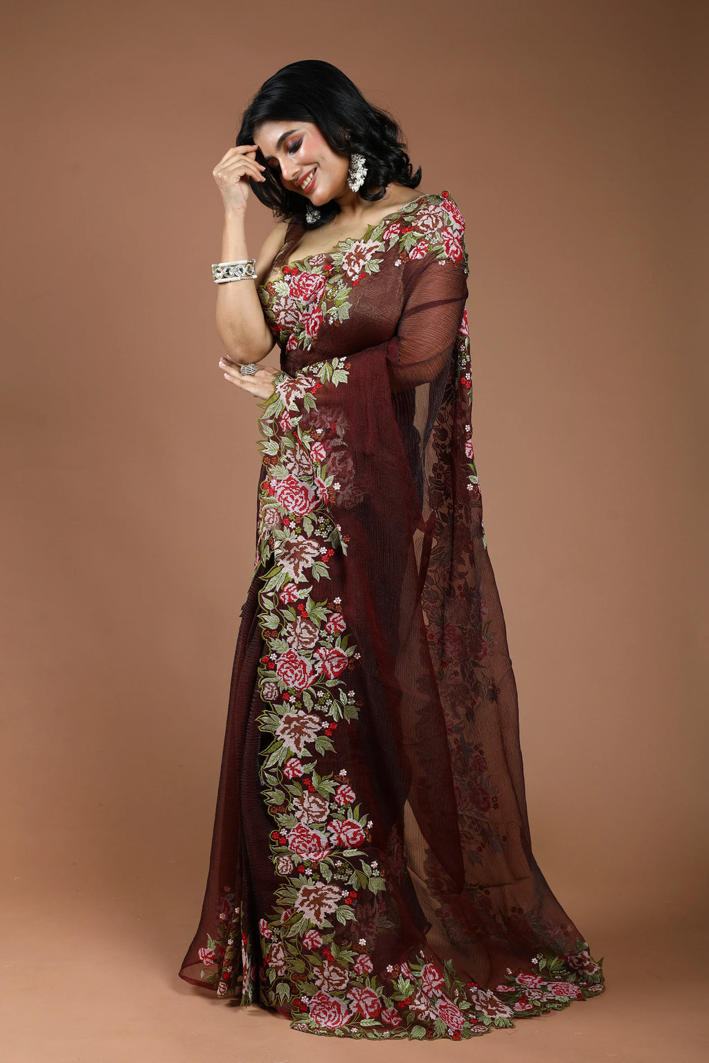 Dark Brown Pure Crush Tissue Embroidery Saree With Blouse Piece