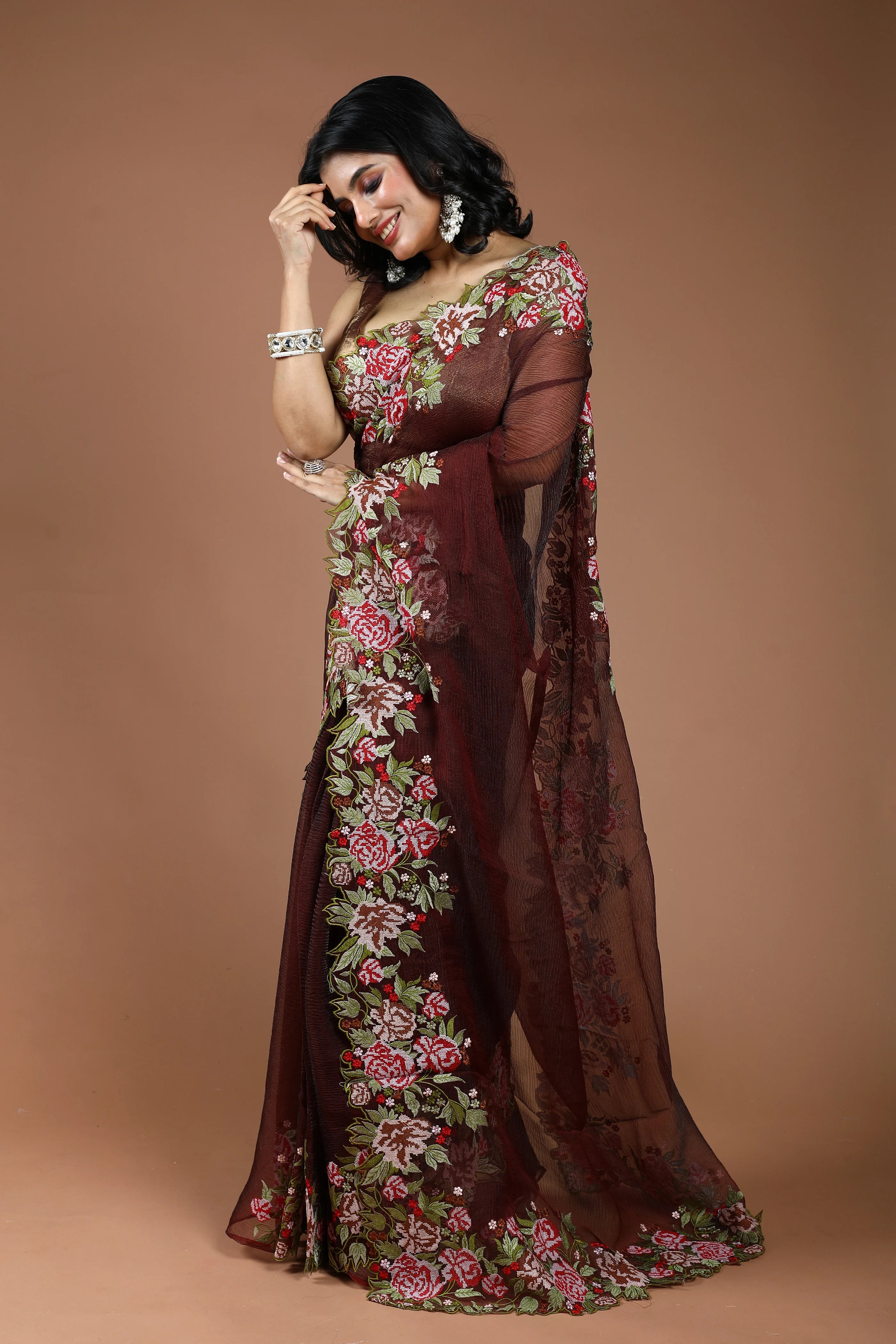 Dark Brown Pure Crush Tissue Embroidery Saree With Blouse Piece