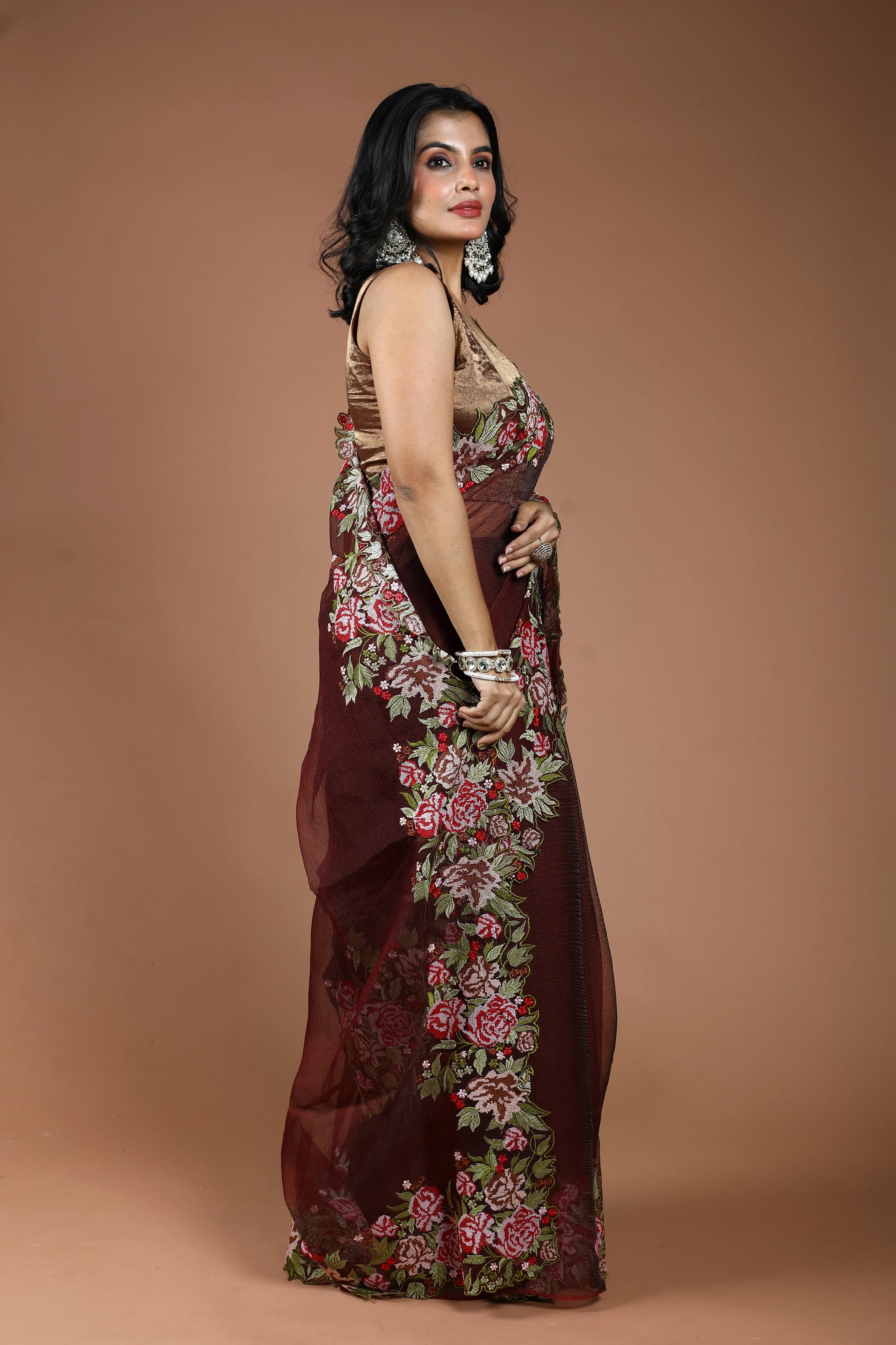 Dark Brown Pure Crush Tissue Embroidery Saree With Blouse Piece