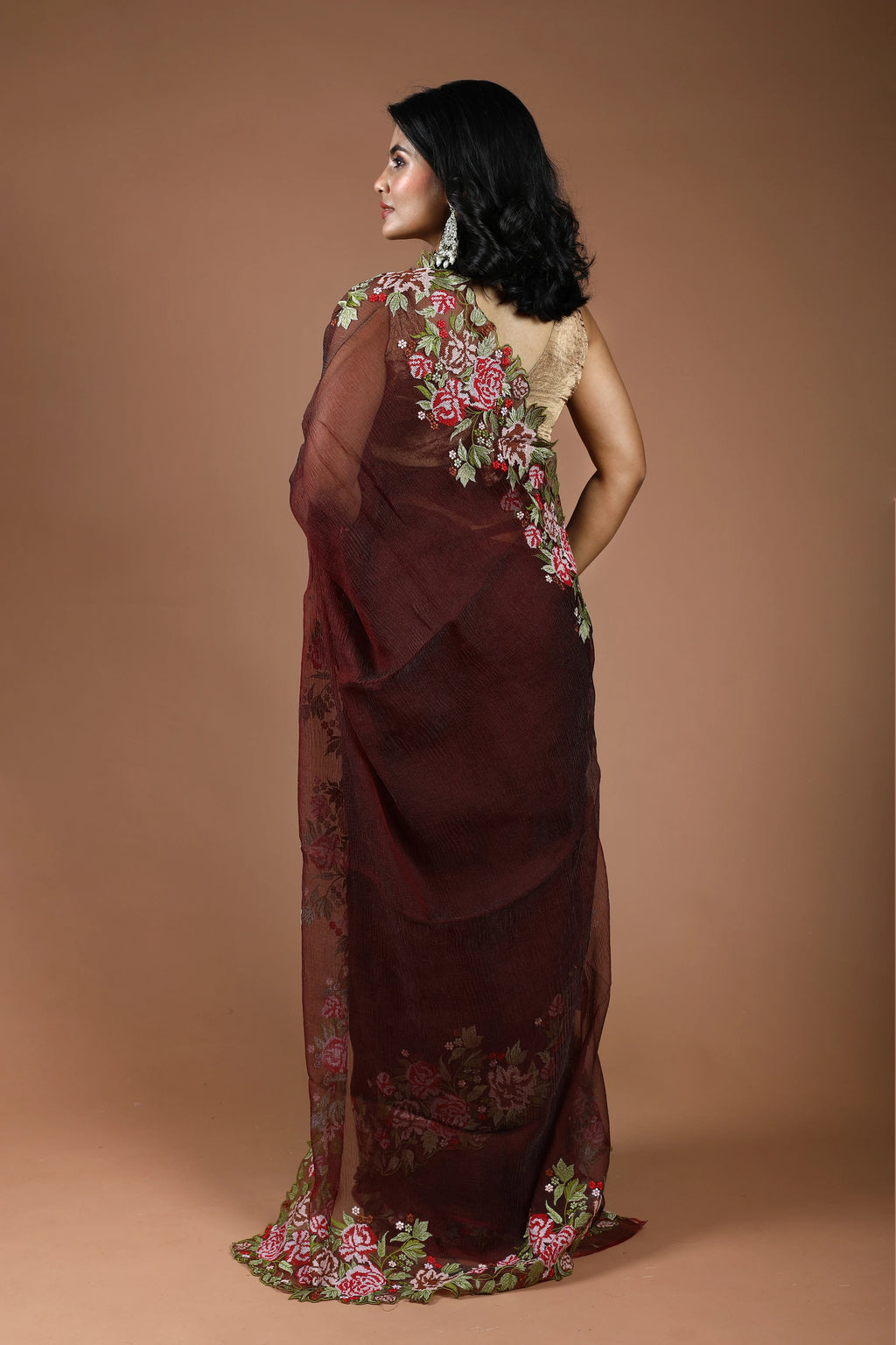 Dark Brown Pure Crush Tissue Embroidery Saree With Blouse Piece