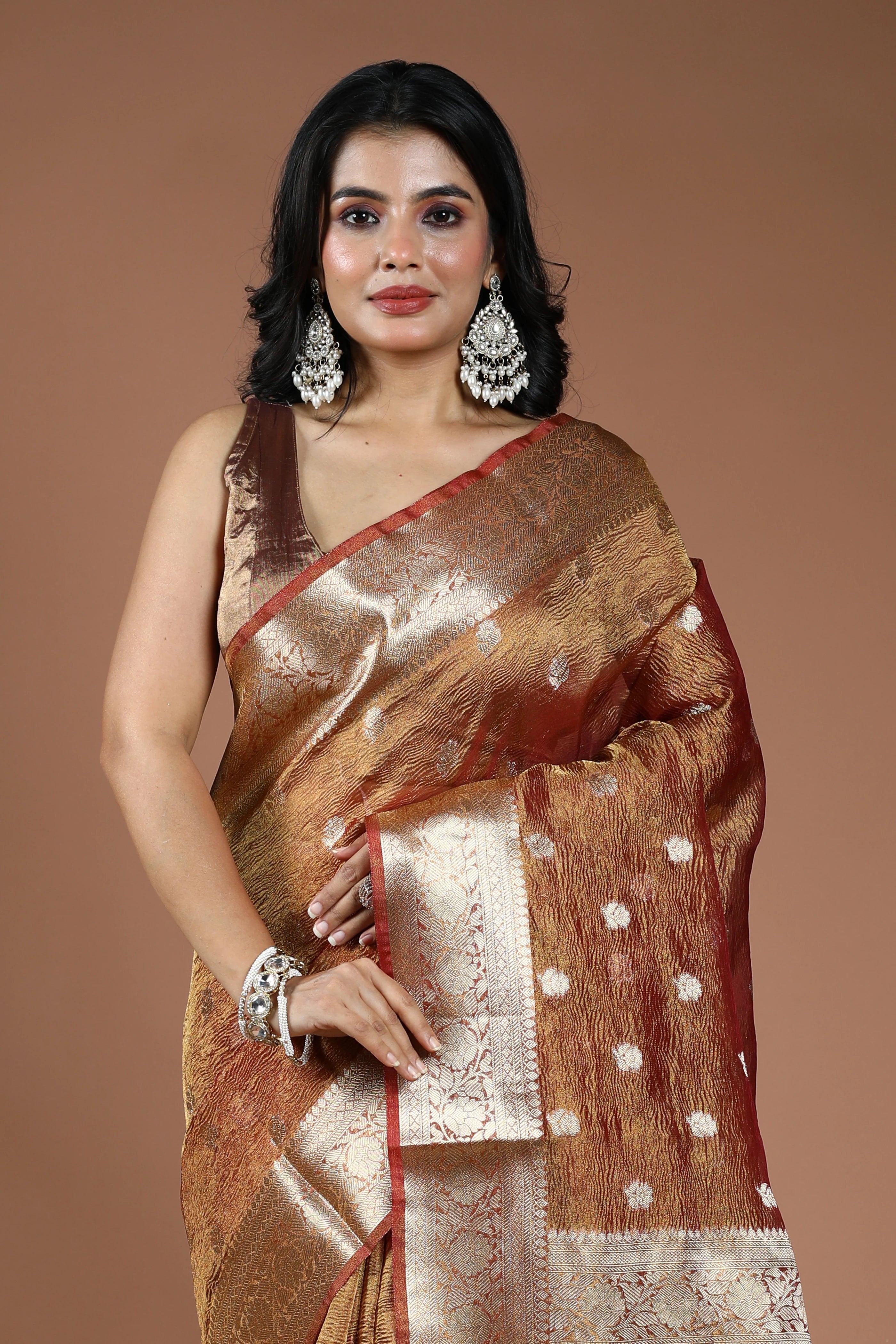 Copper Semi Crush Tissue Banarasi Saree With Blouse Piece