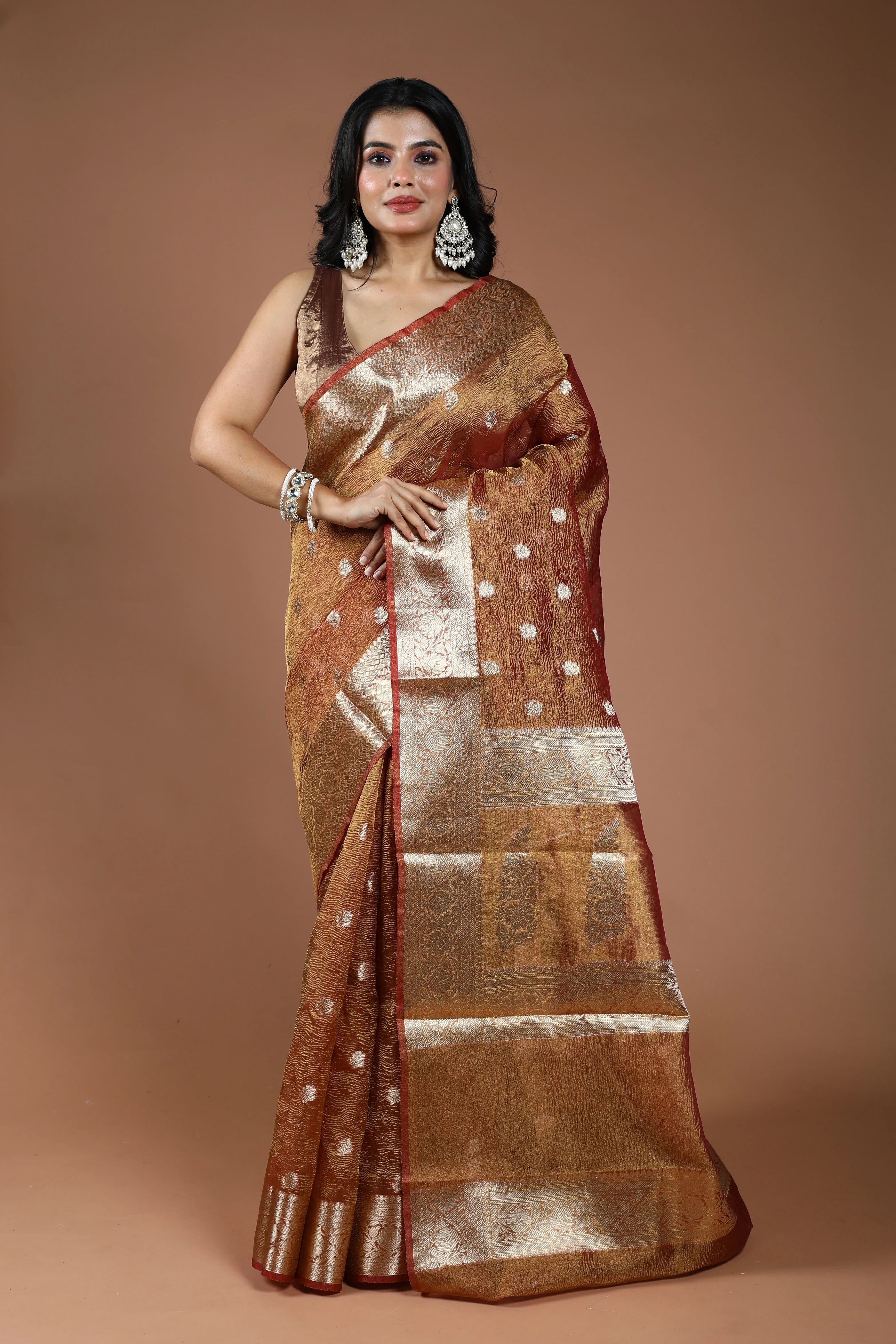 Copper Semi Crush Tissue Banarasi Saree With Blouse Piece