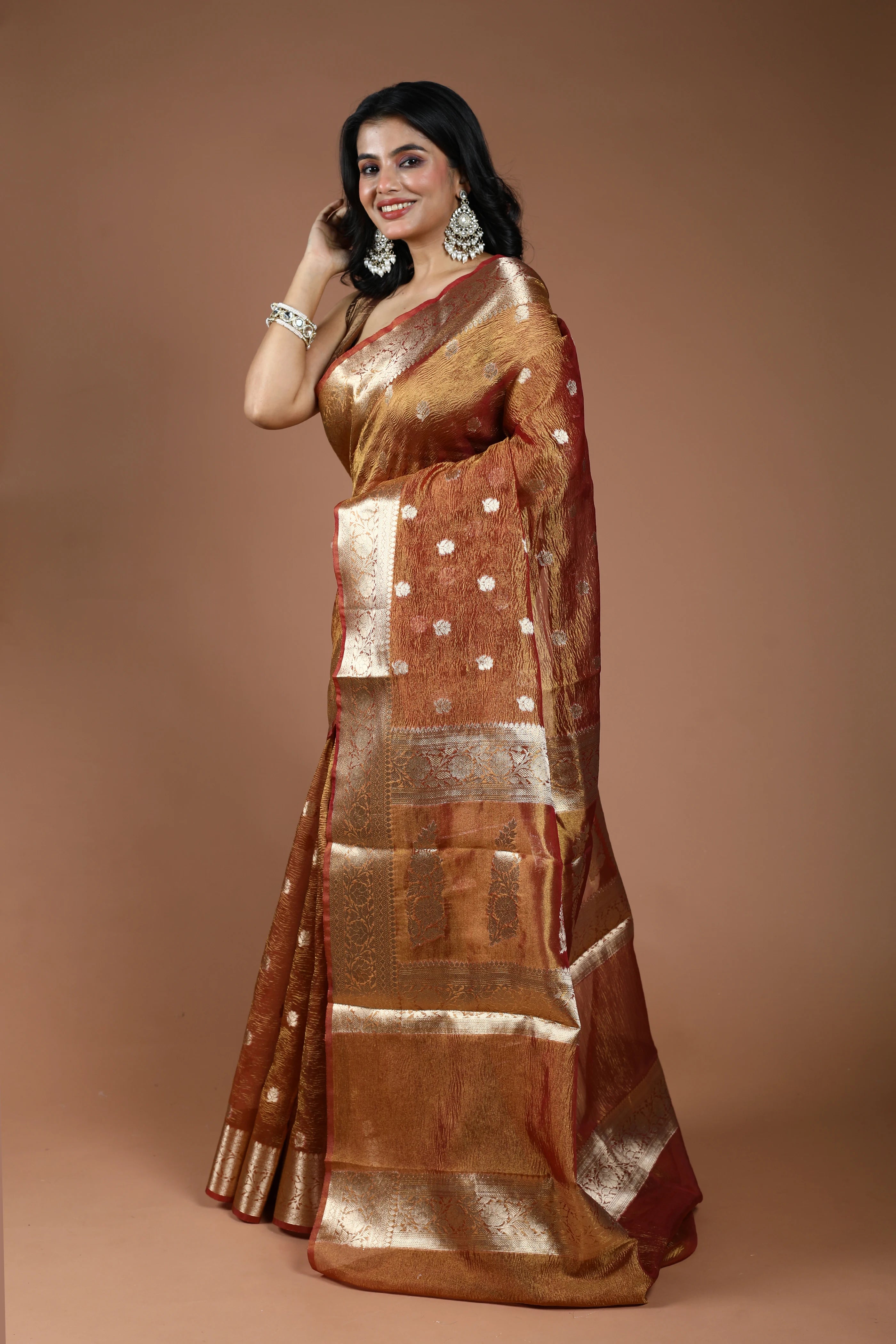 Copper Semi Crush Tissue Banarasi Saree With Blouse Piece