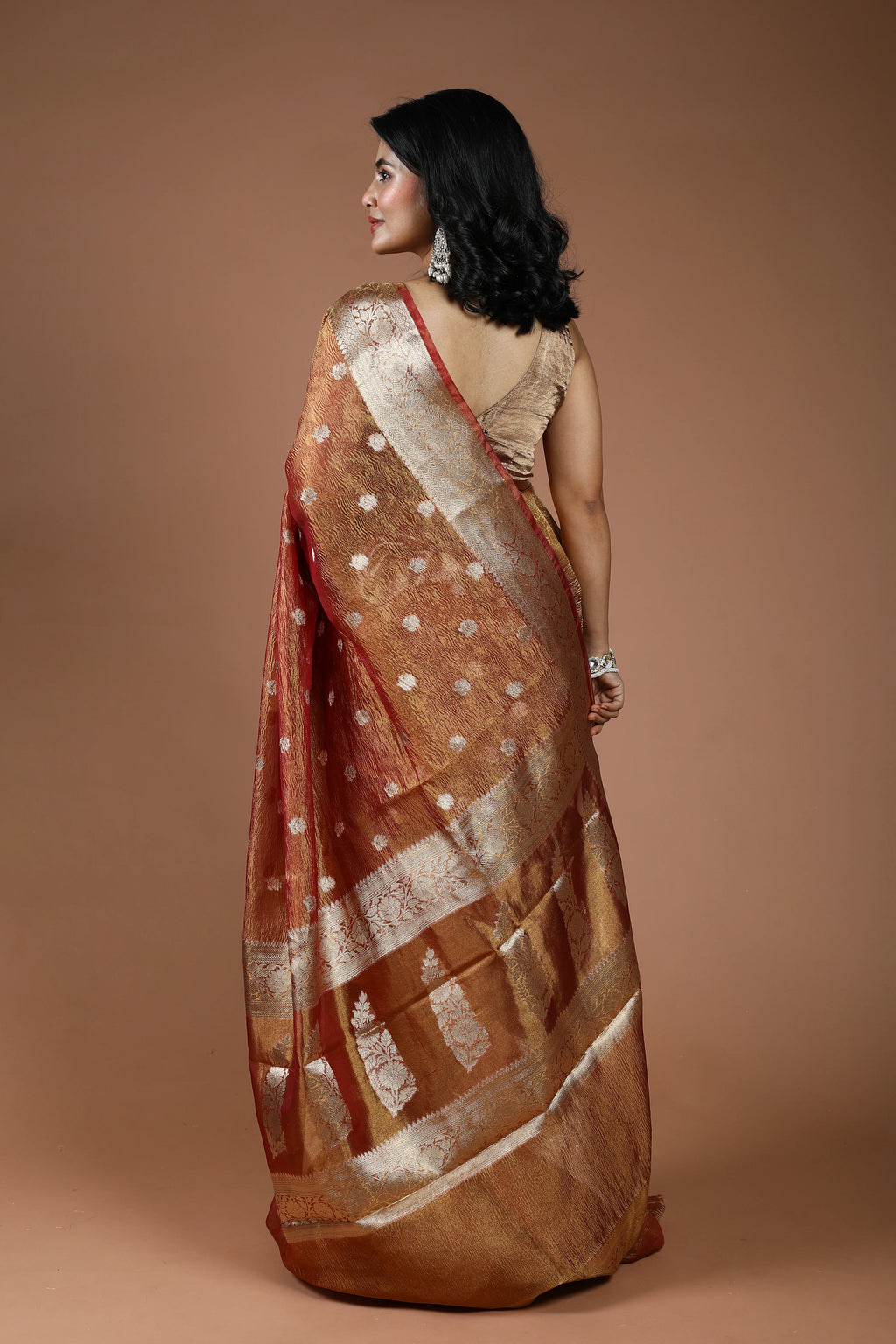 Copper Semi Crush Tissue Banarasi Saree With Blouse Piece