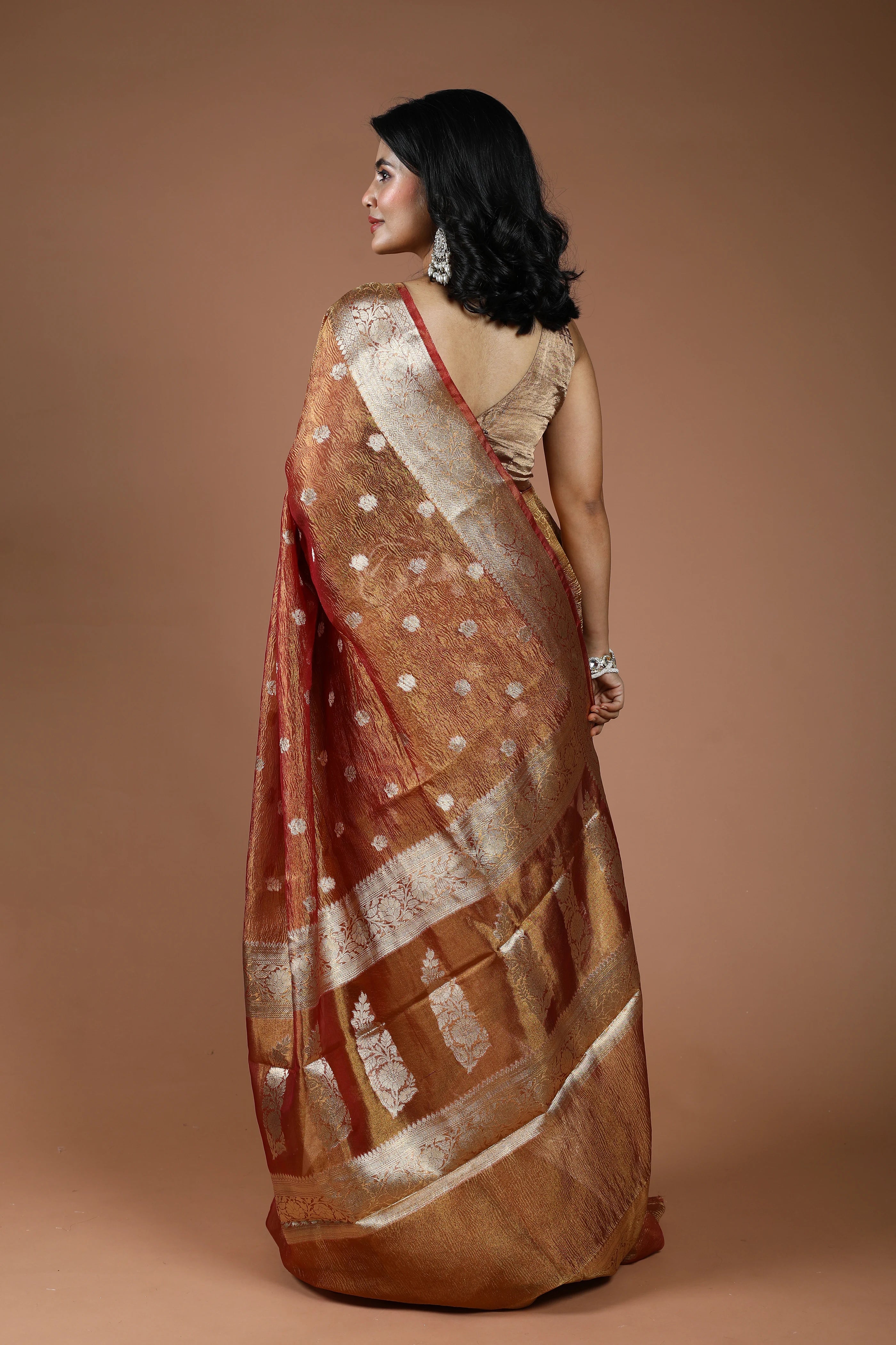Copper Semi Crush Tissue Banarasi Saree With Blouse Piece
