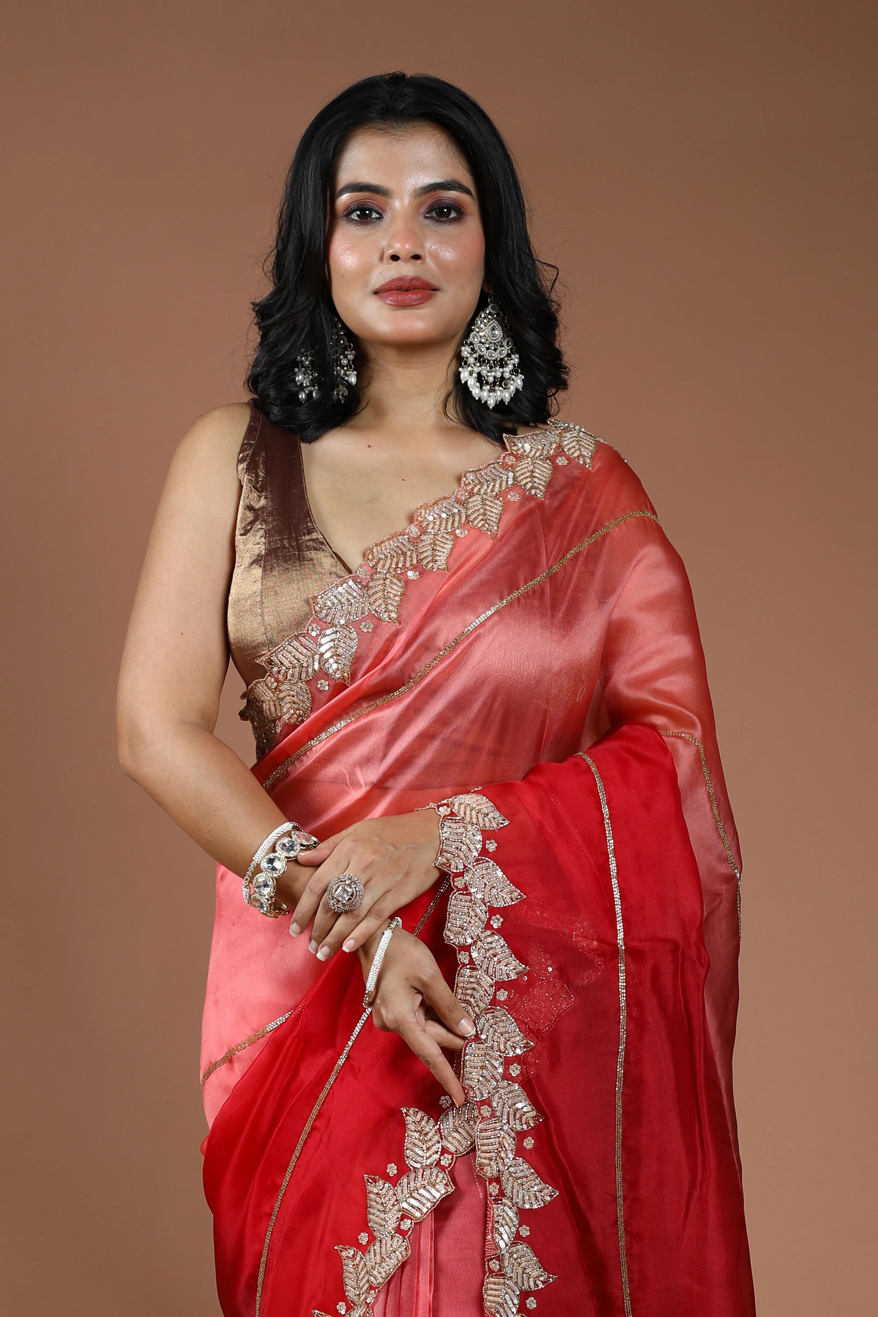 Shaded Red & Rose Pink Organza Zardosi Work Saree With Blouse Piece