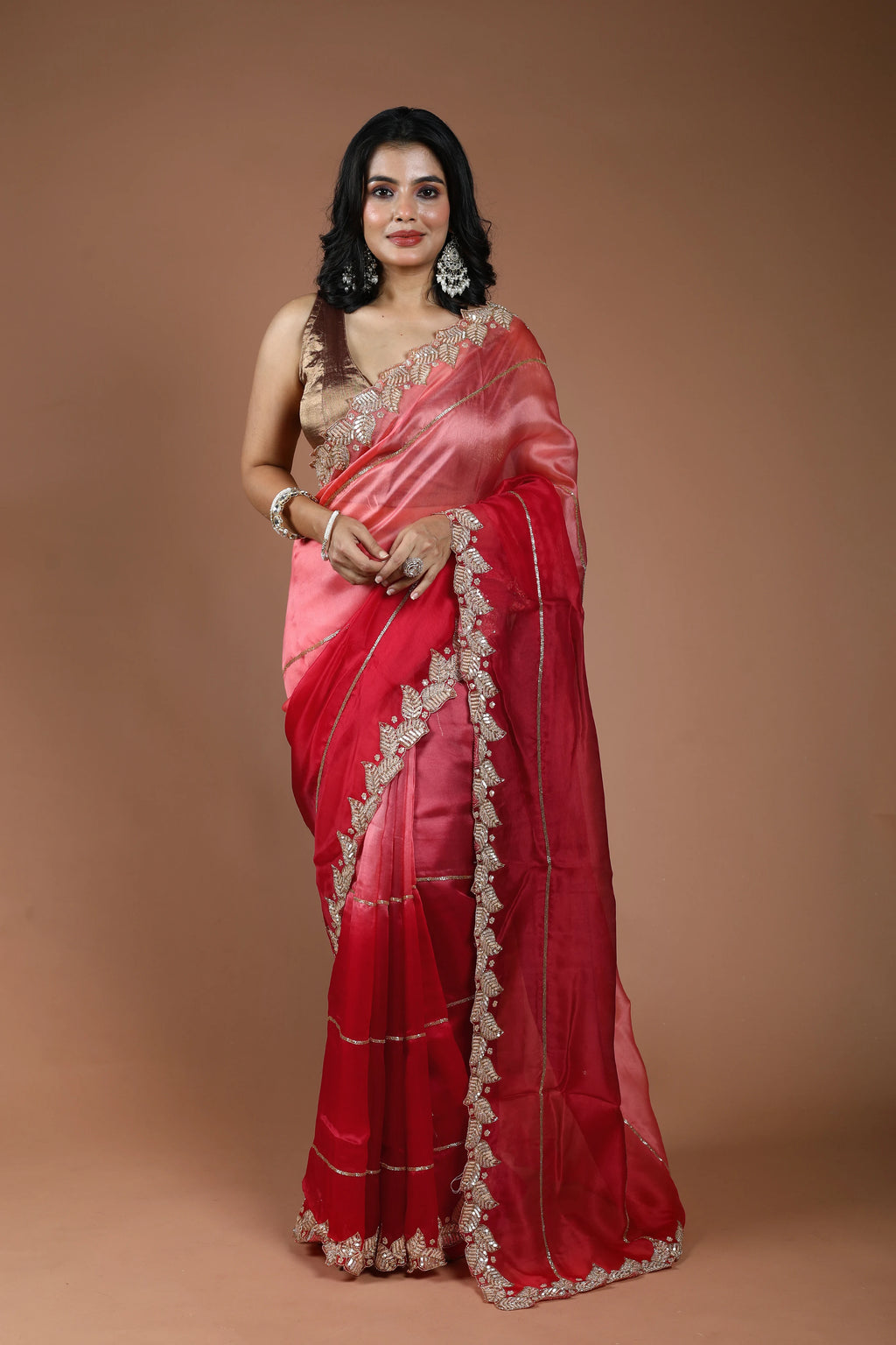 Shaded Red & Rose Pink Organza Zardosi Work Saree With Blouse Piece