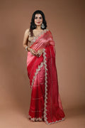Shaded Red & Rose Pink Organza Zardosi Work Saree With Blouse Piece