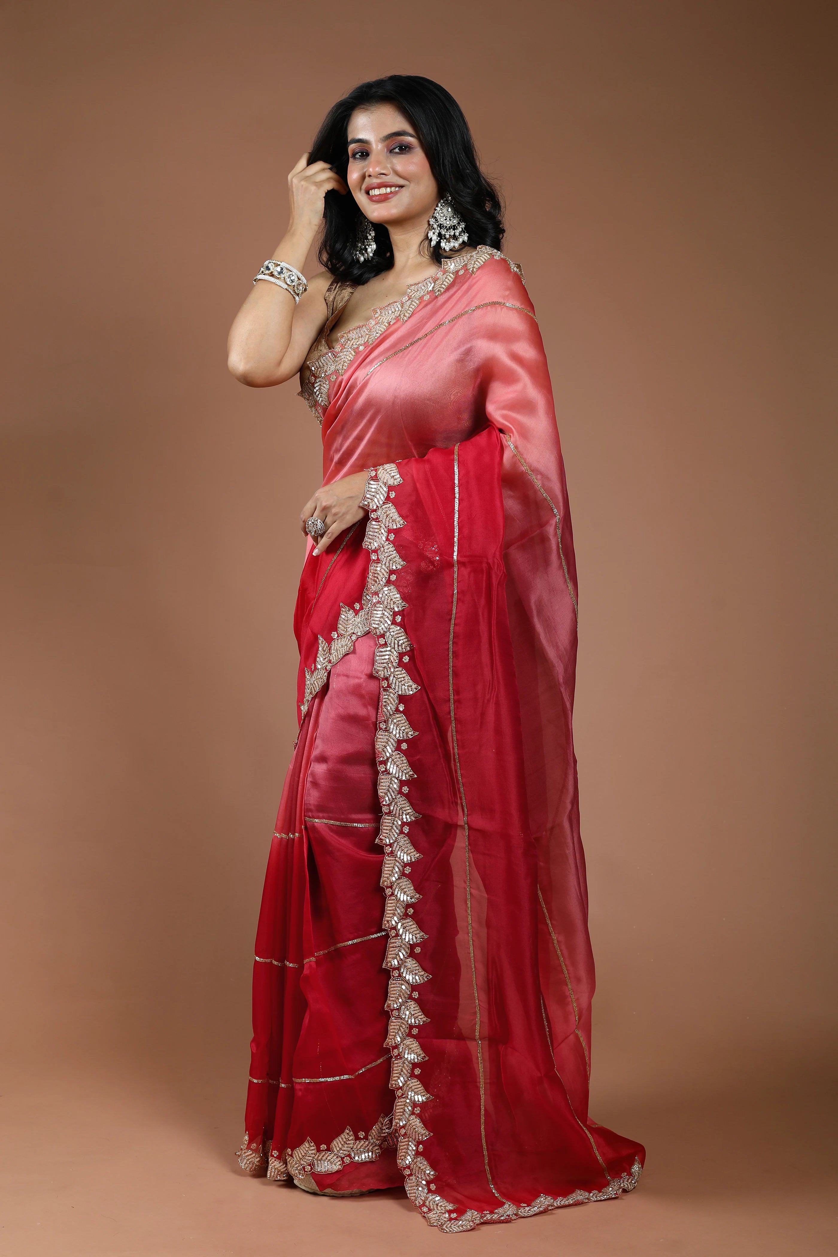 Shaded Red & Rose Pink Organza Zardosi Work Saree With Blouse Piece