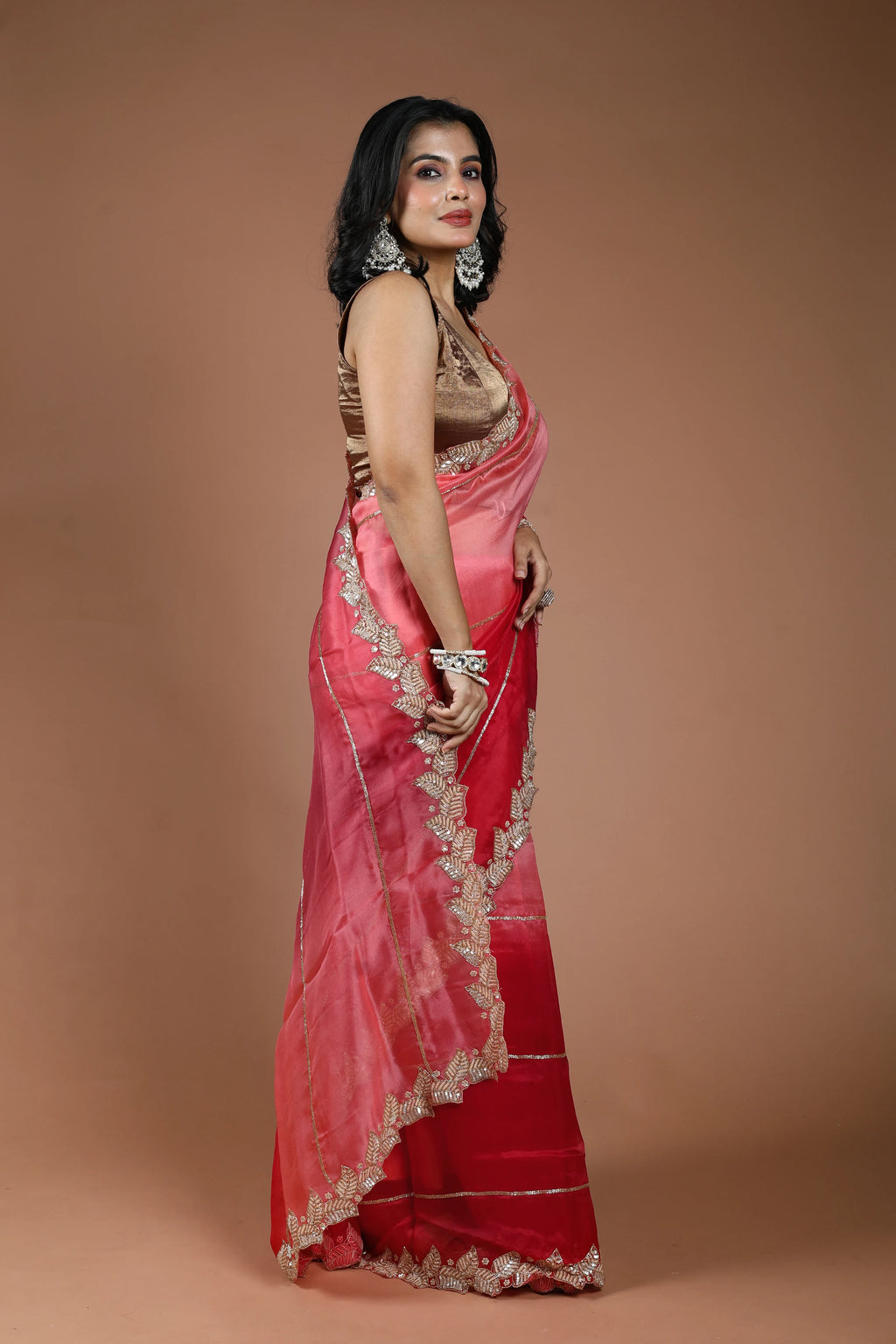 Shaded Red & Rose Pink Organza Zardosi Work Saree With Blouse Piece