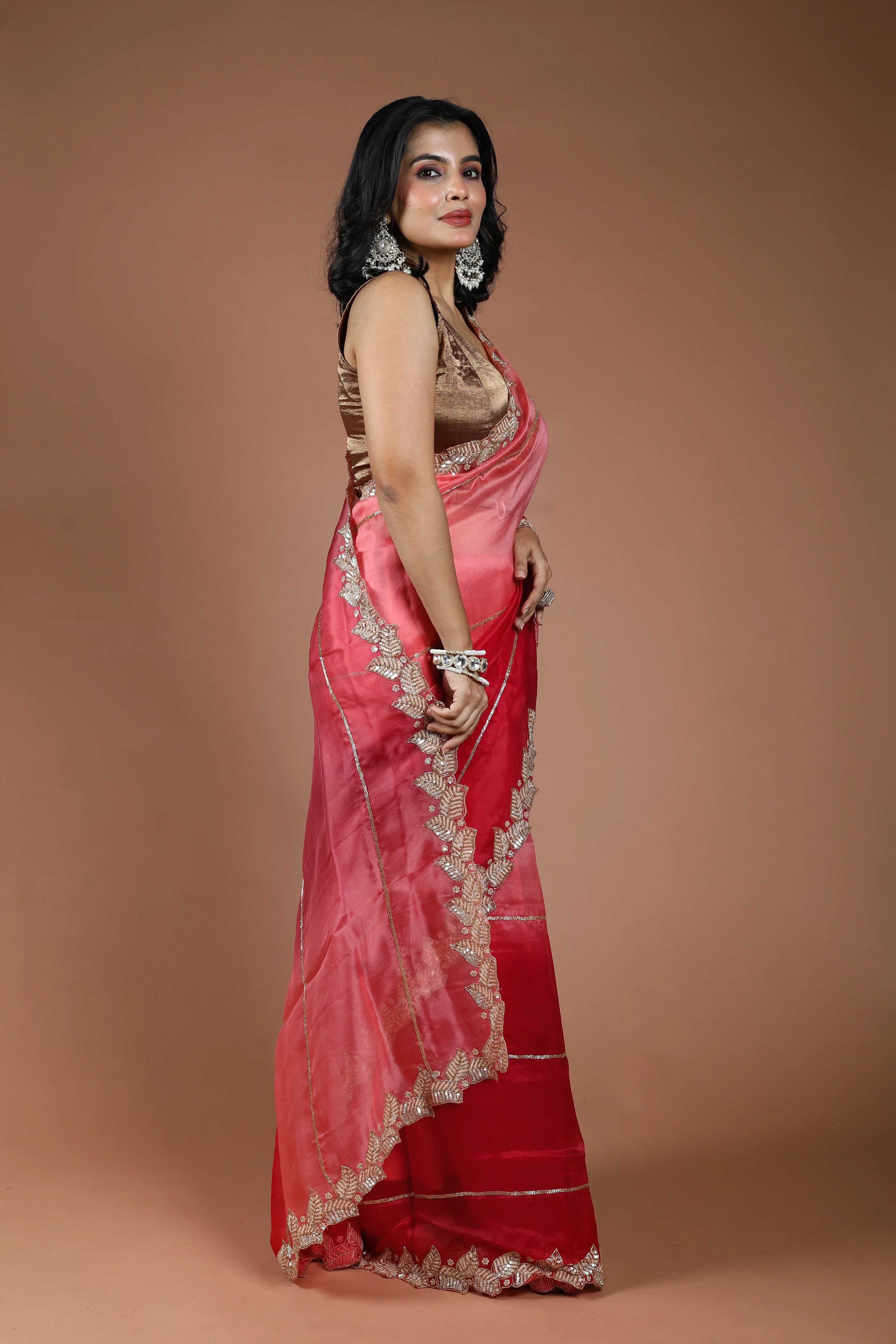 Shaded Red & Rose Pink Organza Zardosi Work Saree With Blouse Piece