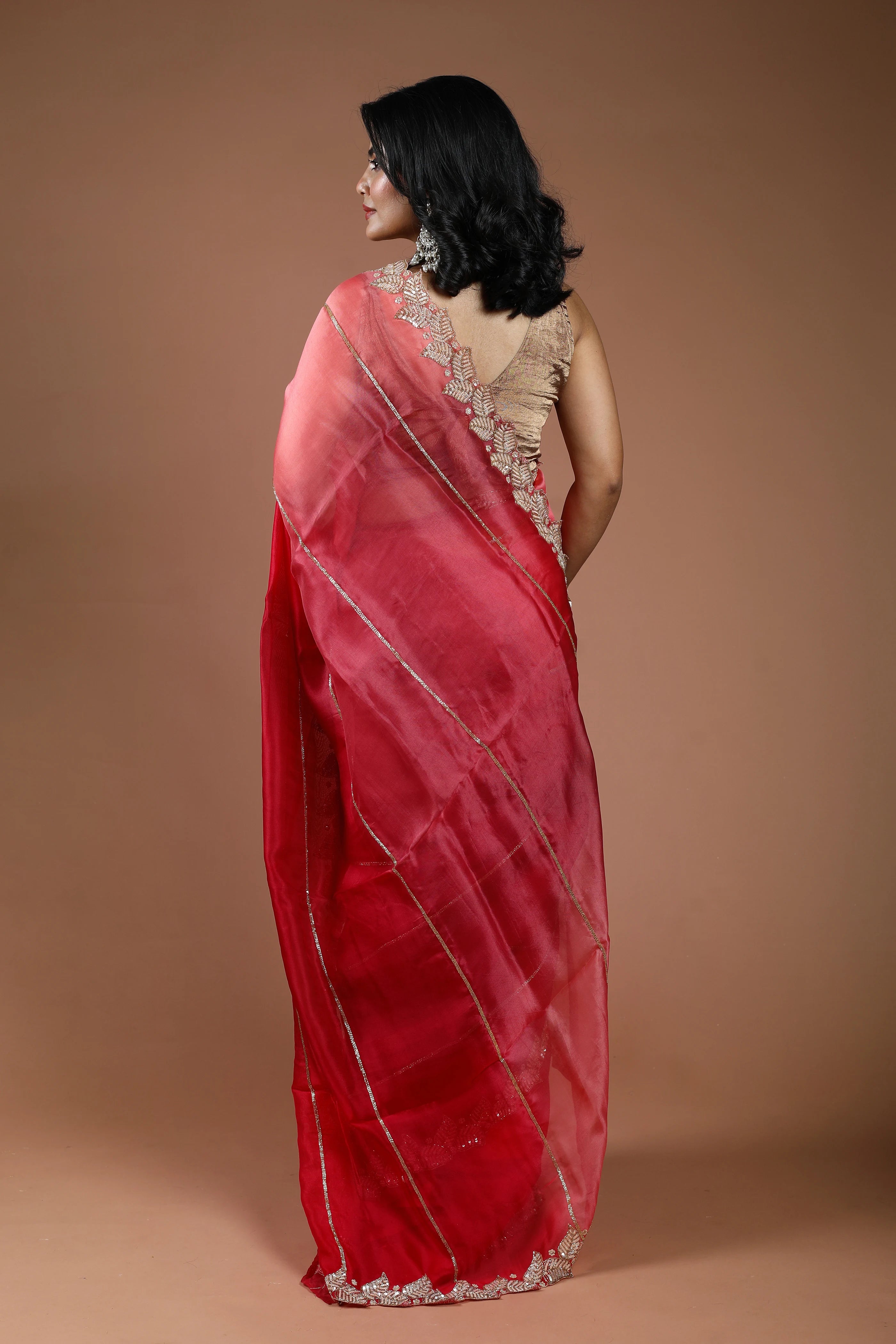 Shaded Red & Rose Pink Organza Zardosi Work Saree With Blouse Piece