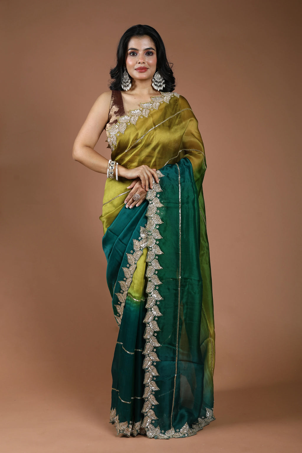Green Shaded Organza Zardosi Work Saree With Blouse Piece