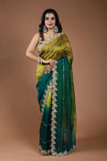 Green Shaded Organza Zardosi Work Saree With Blouse Piece