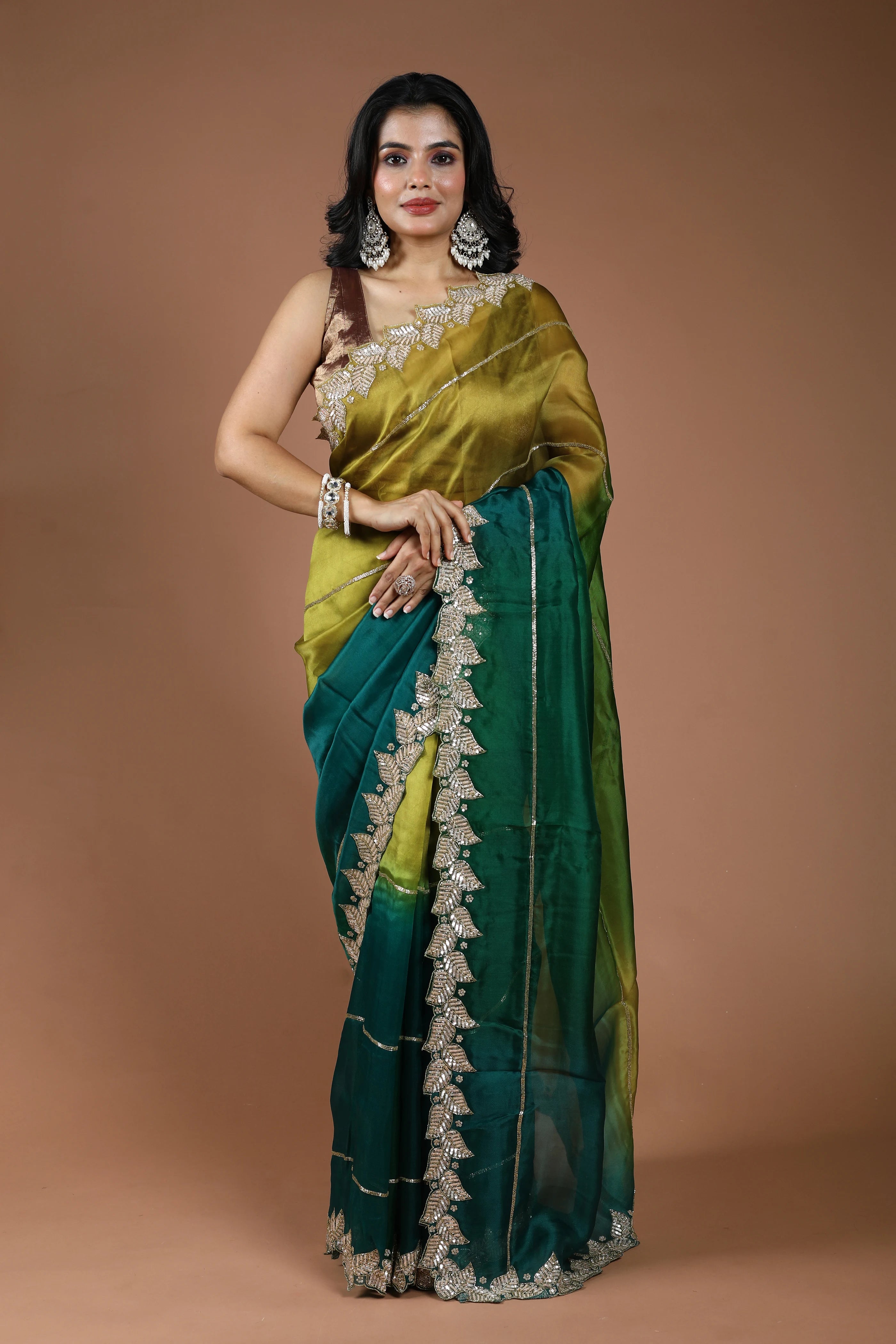 Green Shaded Organza Zardosi Work Saree With Blouse Piece