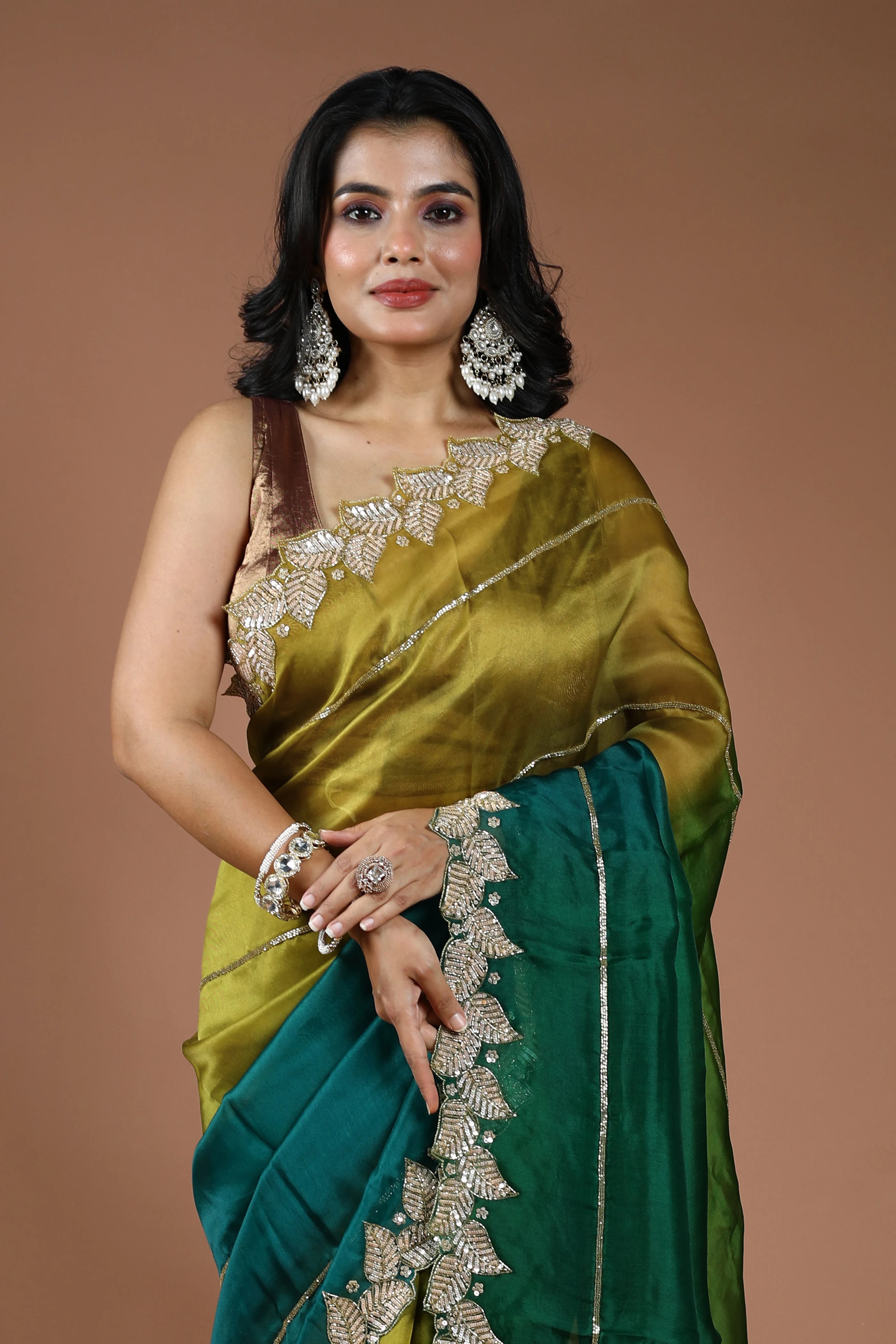 Green Shaded Organza Zardosi Work Saree With Blouse Piece