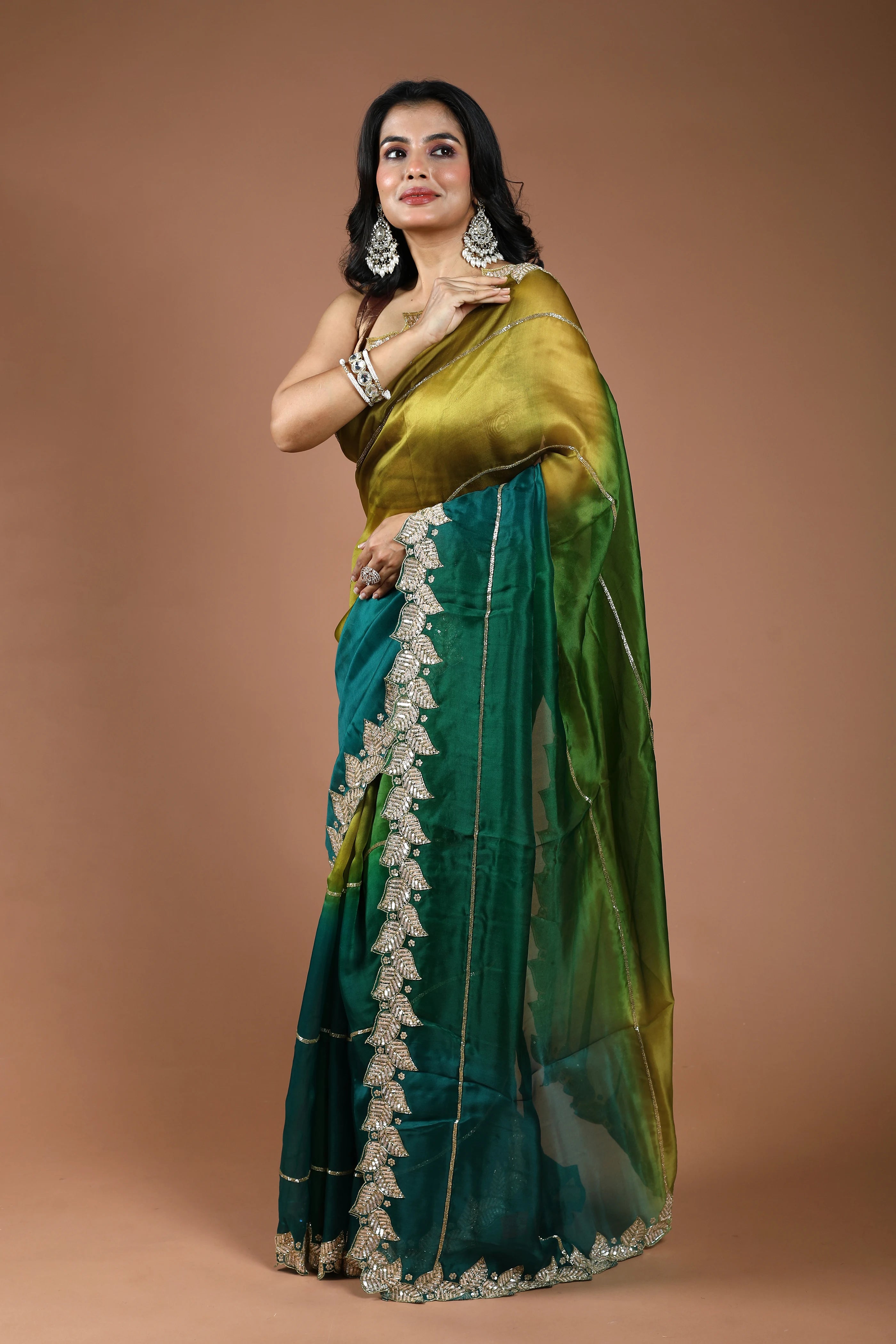 Green Shaded Organza Zardosi Work Saree With Blouse Piece