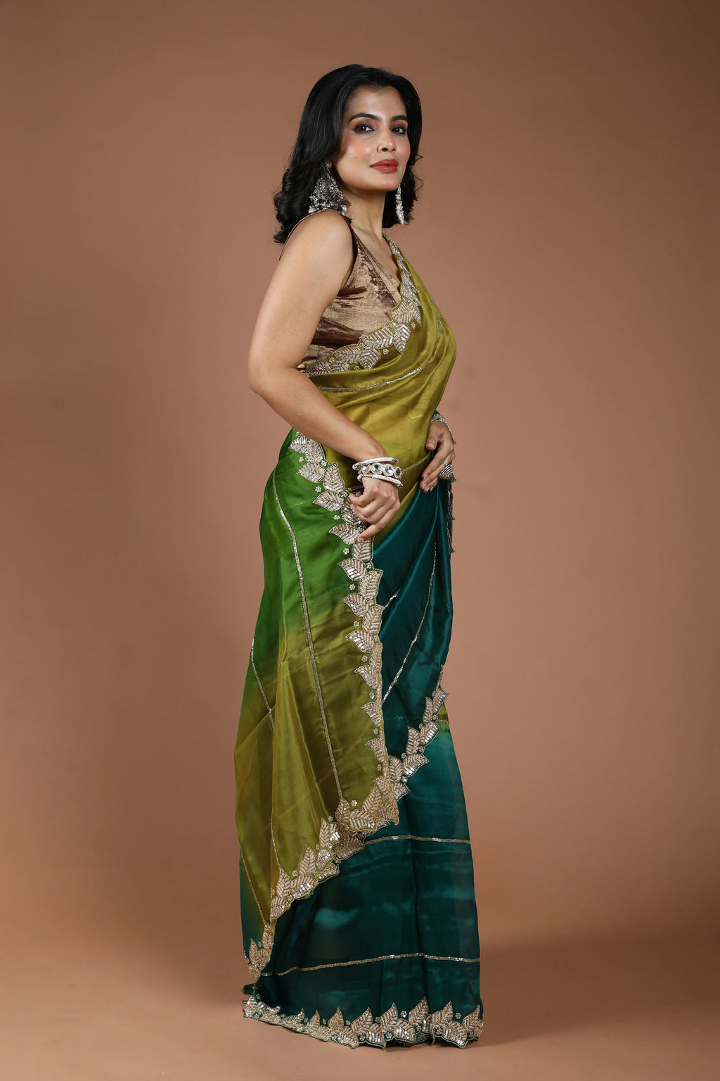 Green Shaded Organza Zardosi Work Saree With Blouse Piece