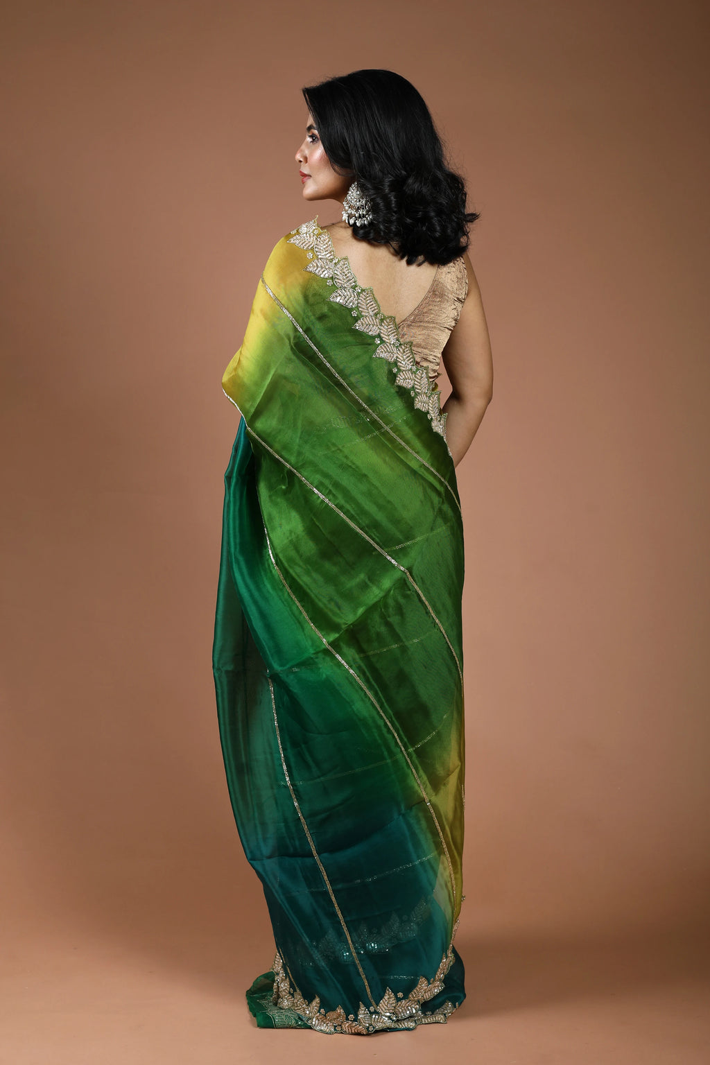 Green Shaded Organza Zardosi Work Saree With Blouse Piece