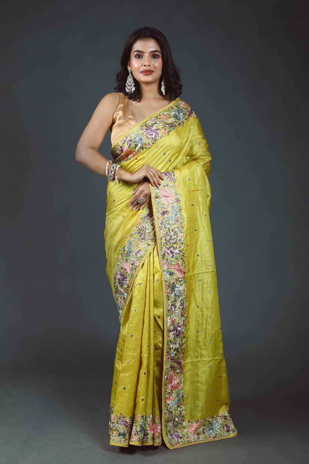 Lime Yellow Tussar Parsi Gara Saree With Blouse Piece