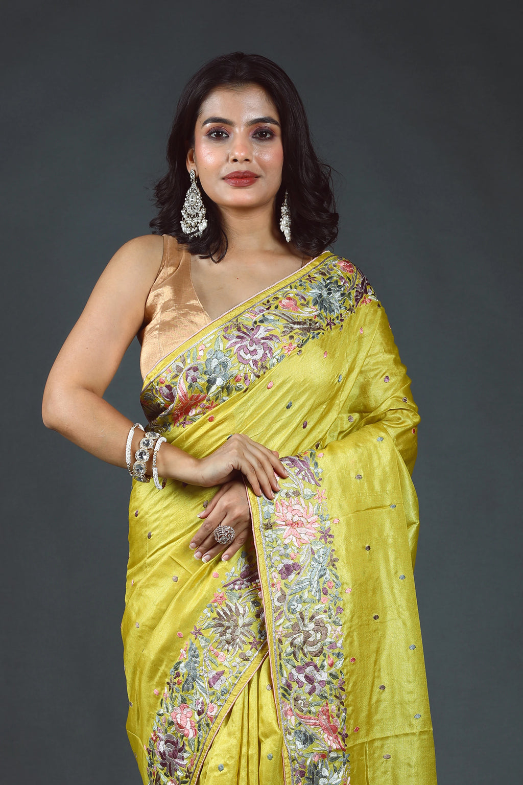 Lime Yellow Tussar Parsi Gara Saree With Blouse Piece