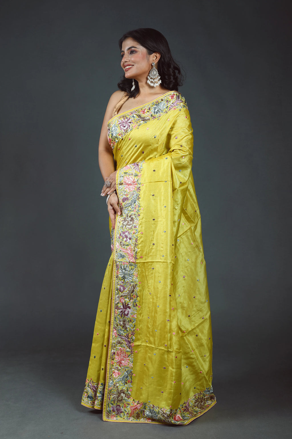 Lime Yellow Tussar Parsi Gara Saree With Blouse Piece