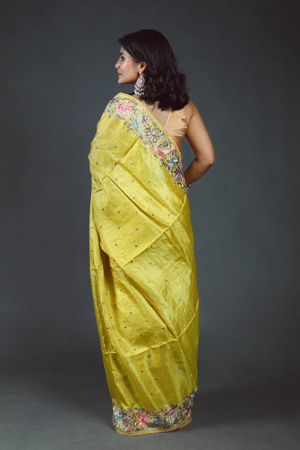 Lime Yellow Tussar Parsi Gara Saree With Blouse Piece