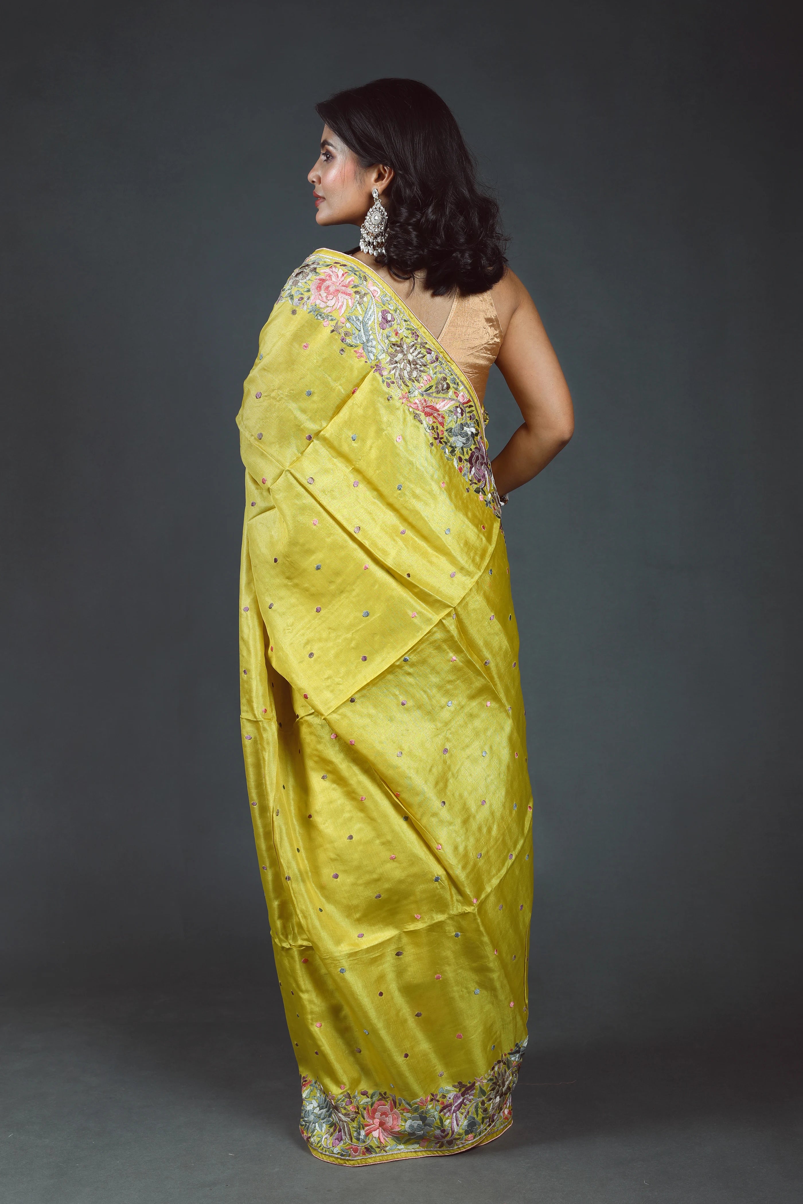Lime Yellow Tussar Parsi Gara Saree With Blouse Piece