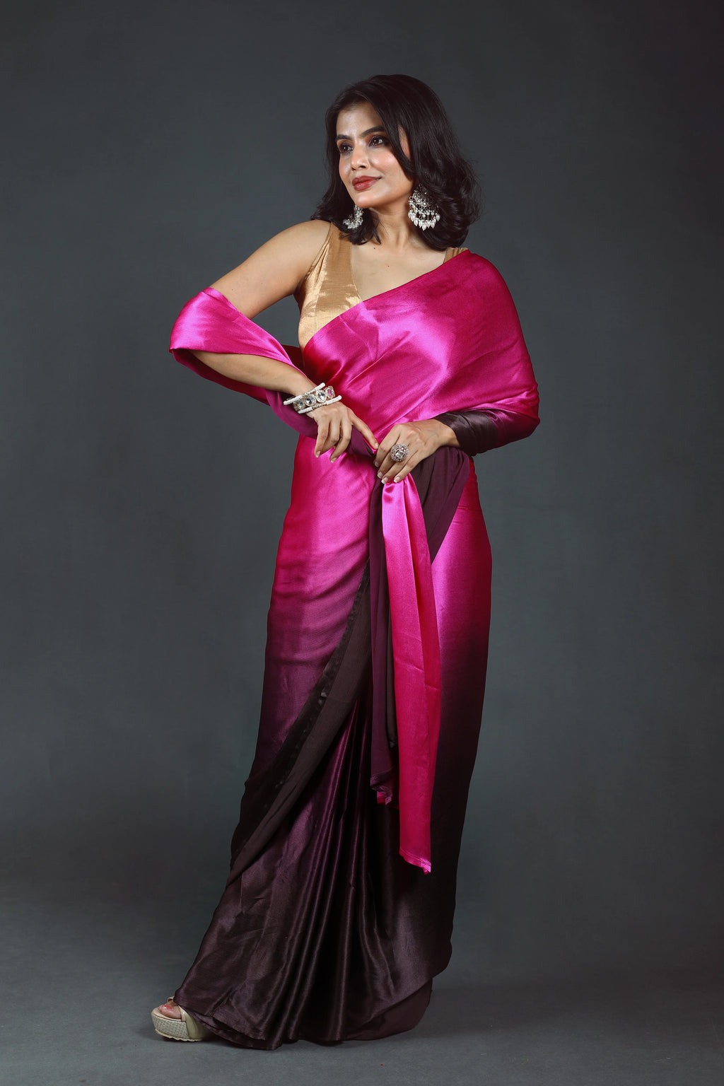 Choclate Rani Shaded Satin Saree With Blouse Piece