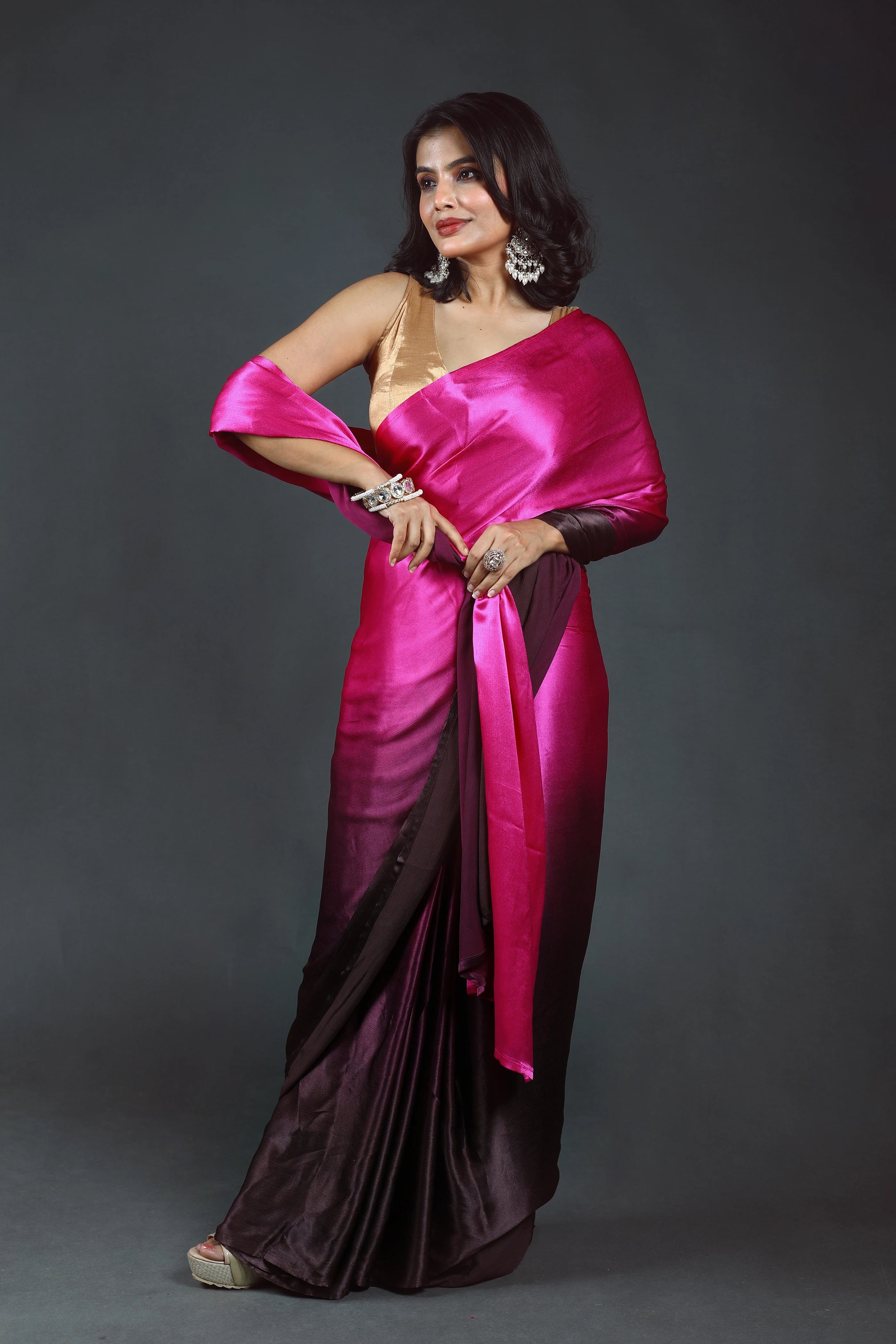 Choclate Rani Shaded Satin Saree With Blouse Piece