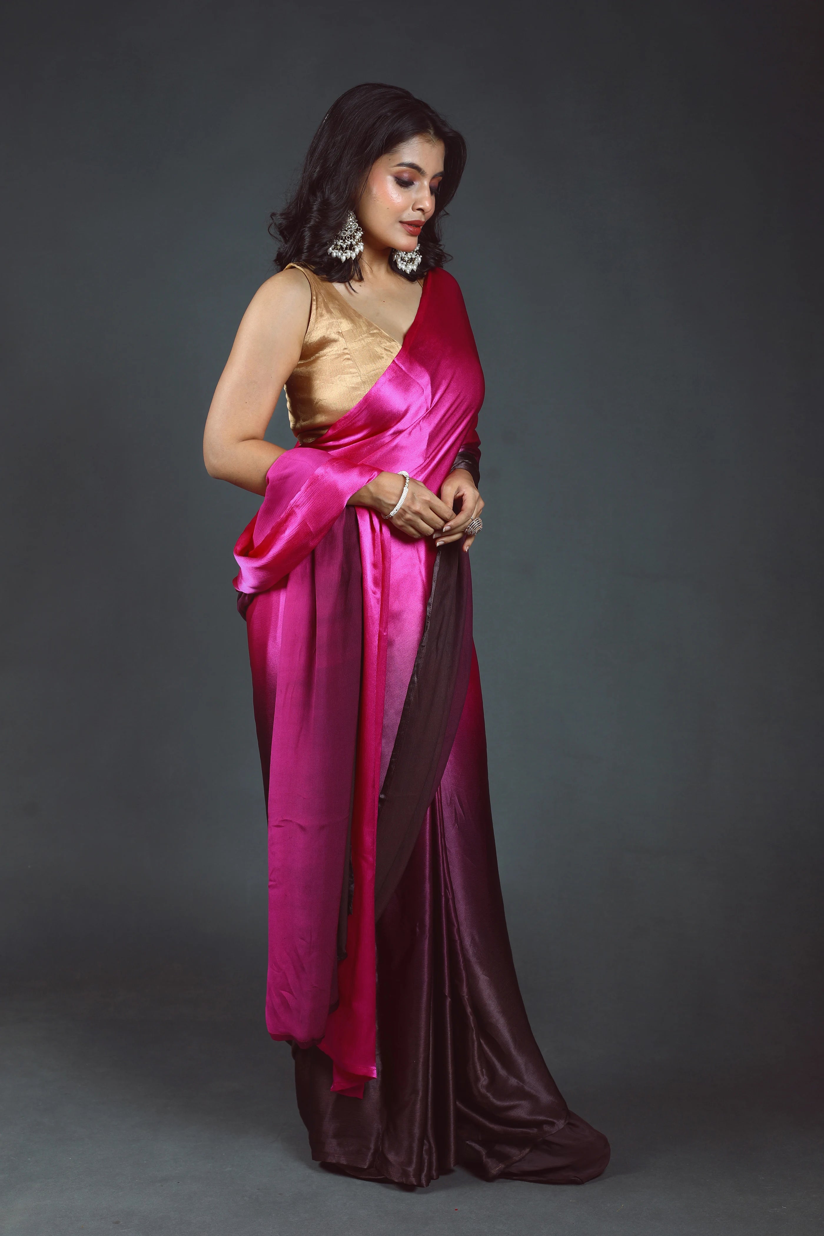 Choclate Rani Shaded Satin Saree With Blouse Piece