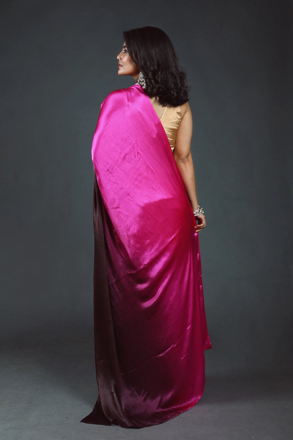 Choclate Rani Shaded Satin Saree With Blouse Piece