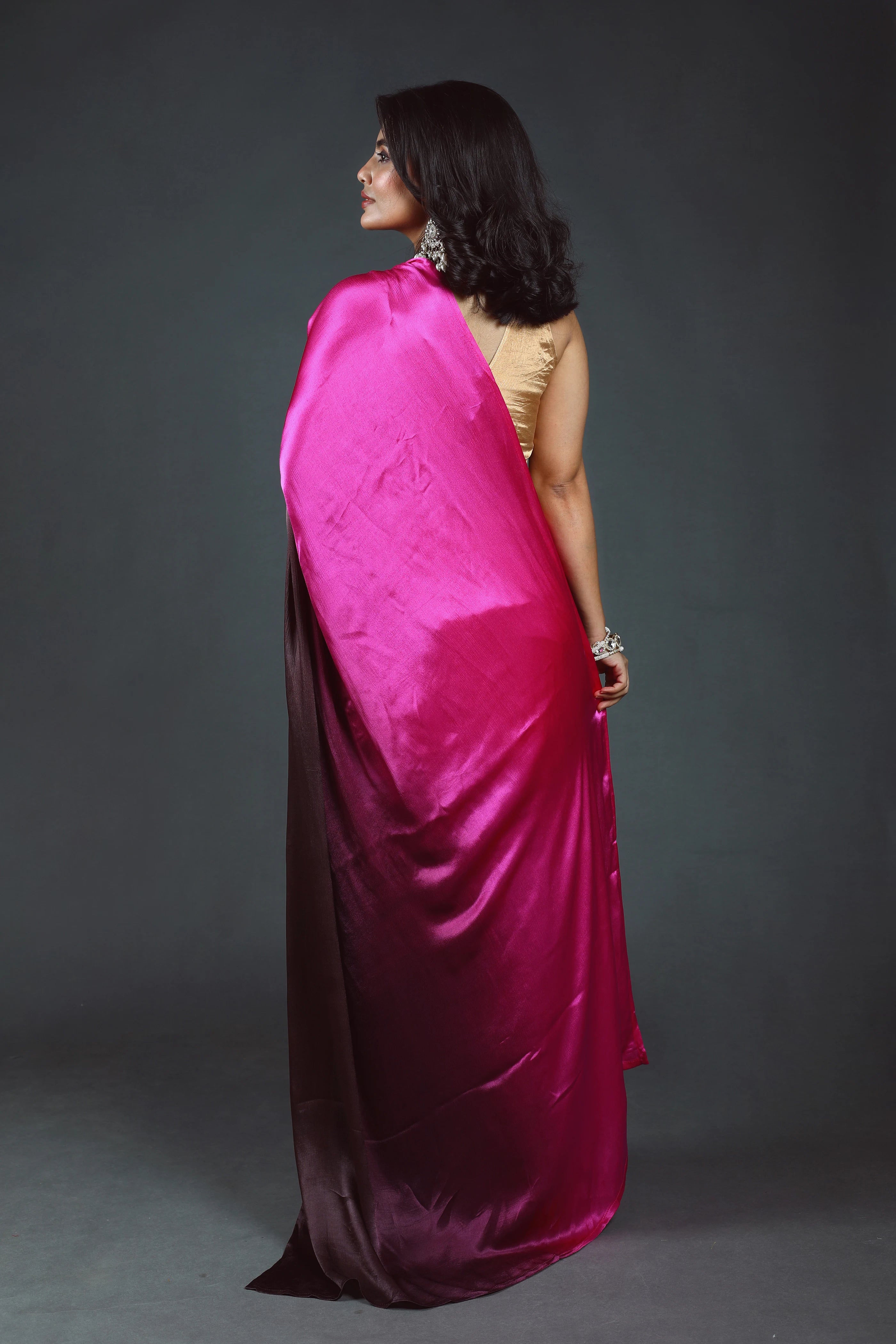 Choclate Rani Shaded Satin Saree With Blouse Piece