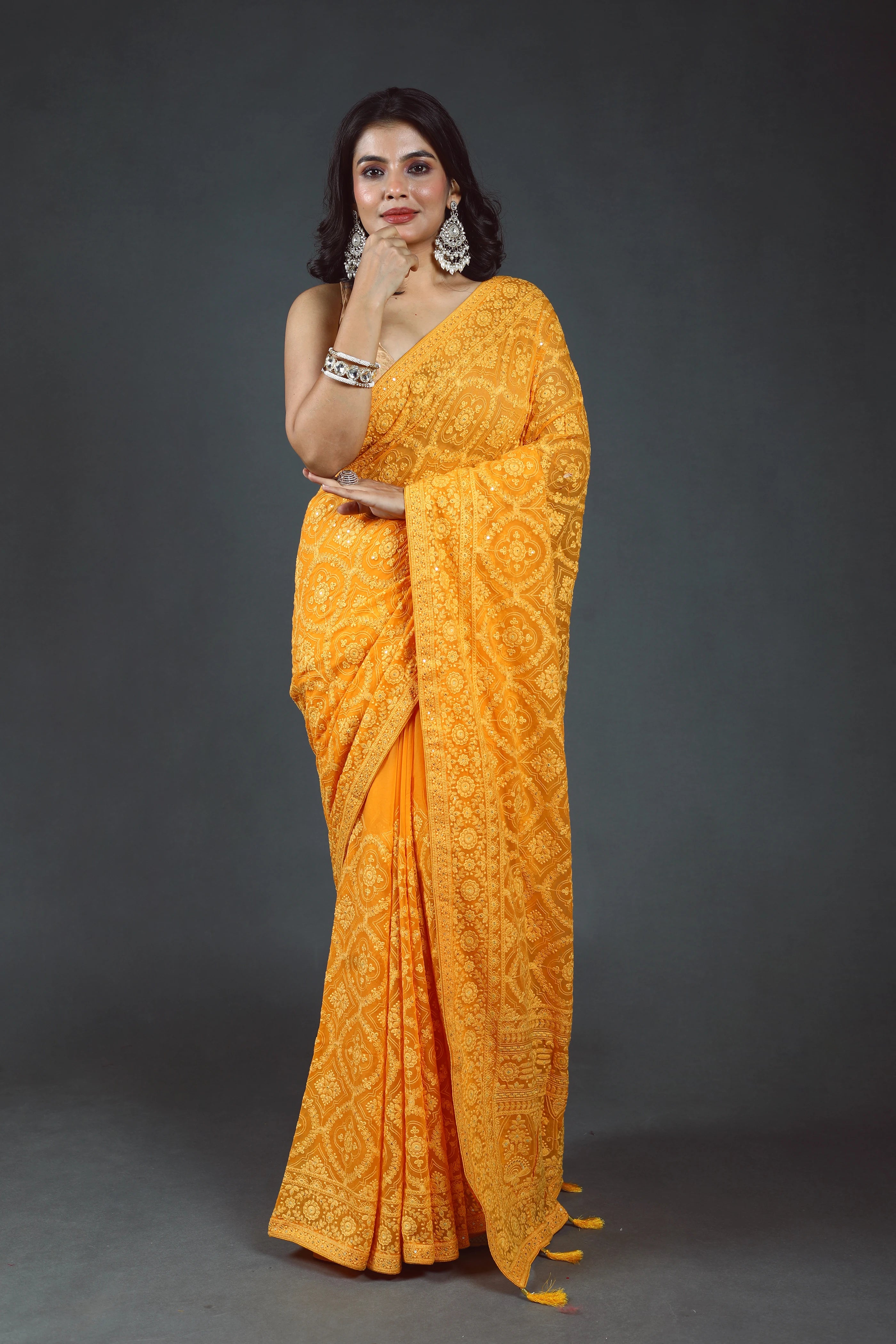 Mango Yellow Chikankari Chikankari Saree With Blouse Piece