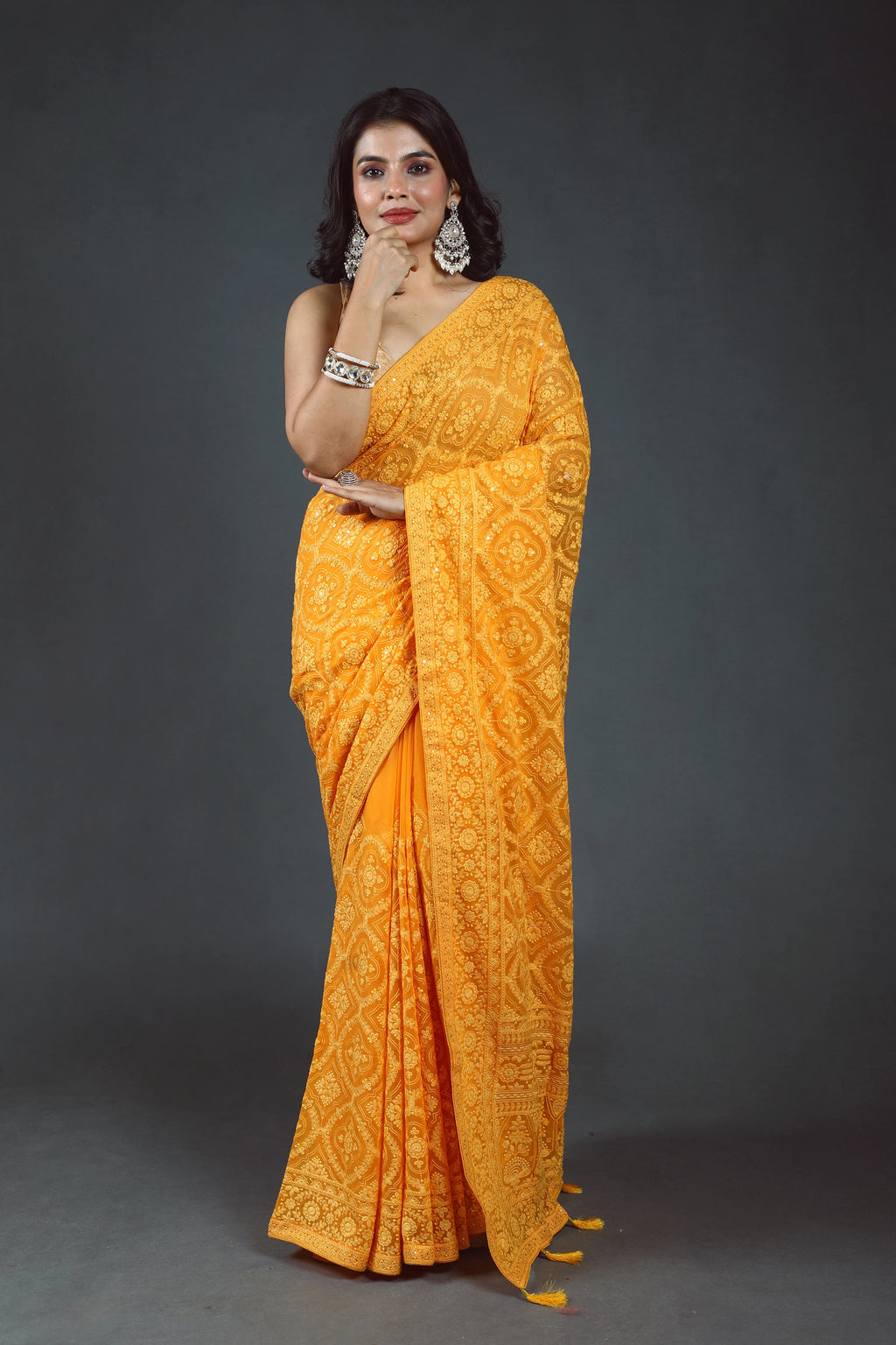 Mango Yellow Chikankari Saree With Blouse Piece