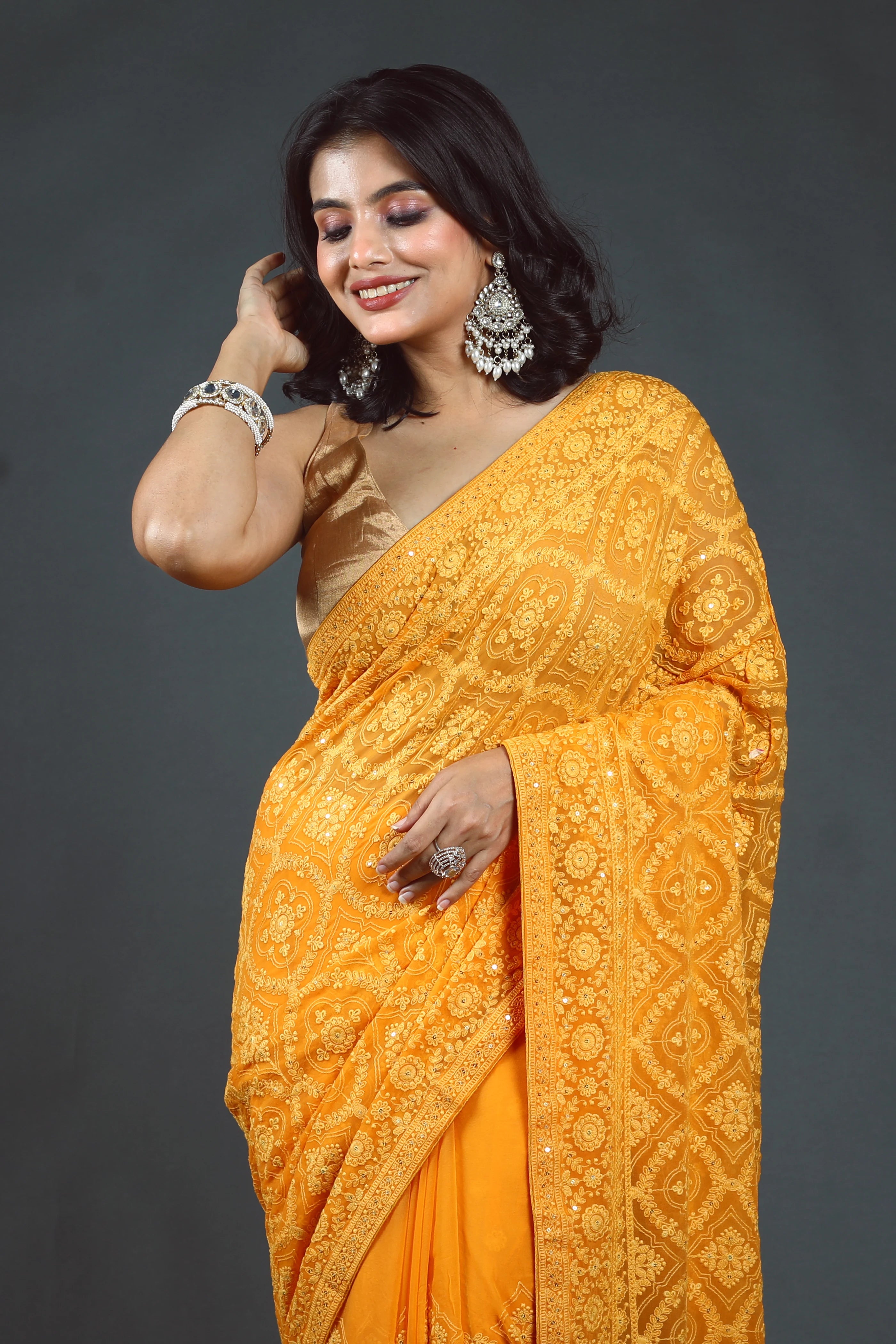 Mango Yellow Chikankari Chikankari Saree With Blouse Piece