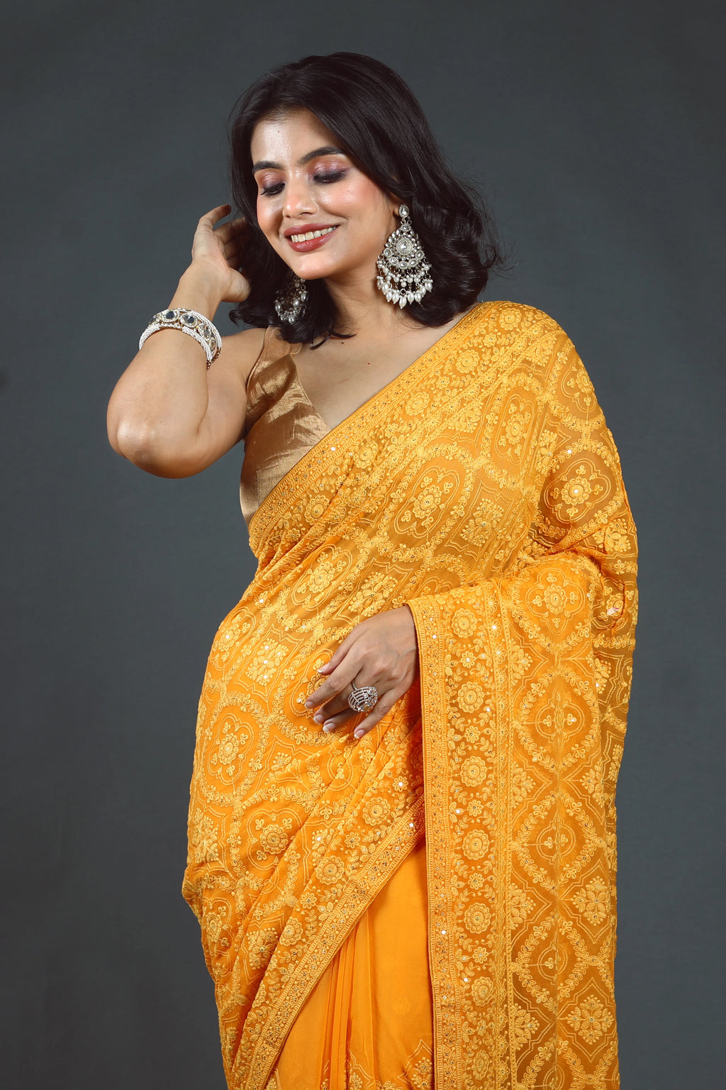 Mango Yellow Chikankari Saree With Blouse Piece