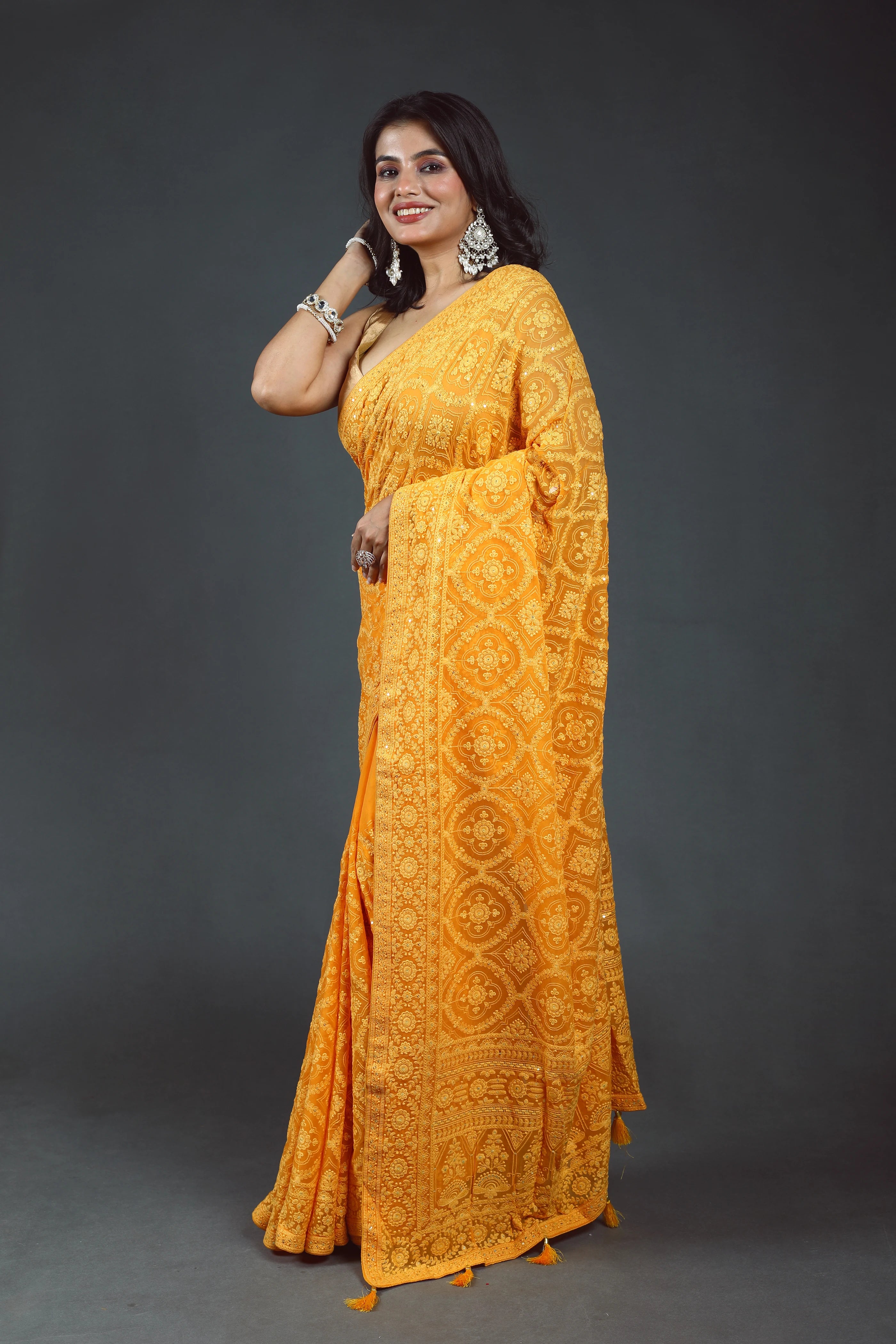 Mango Yellow Chikankari Chikankari Saree With Blouse Piece