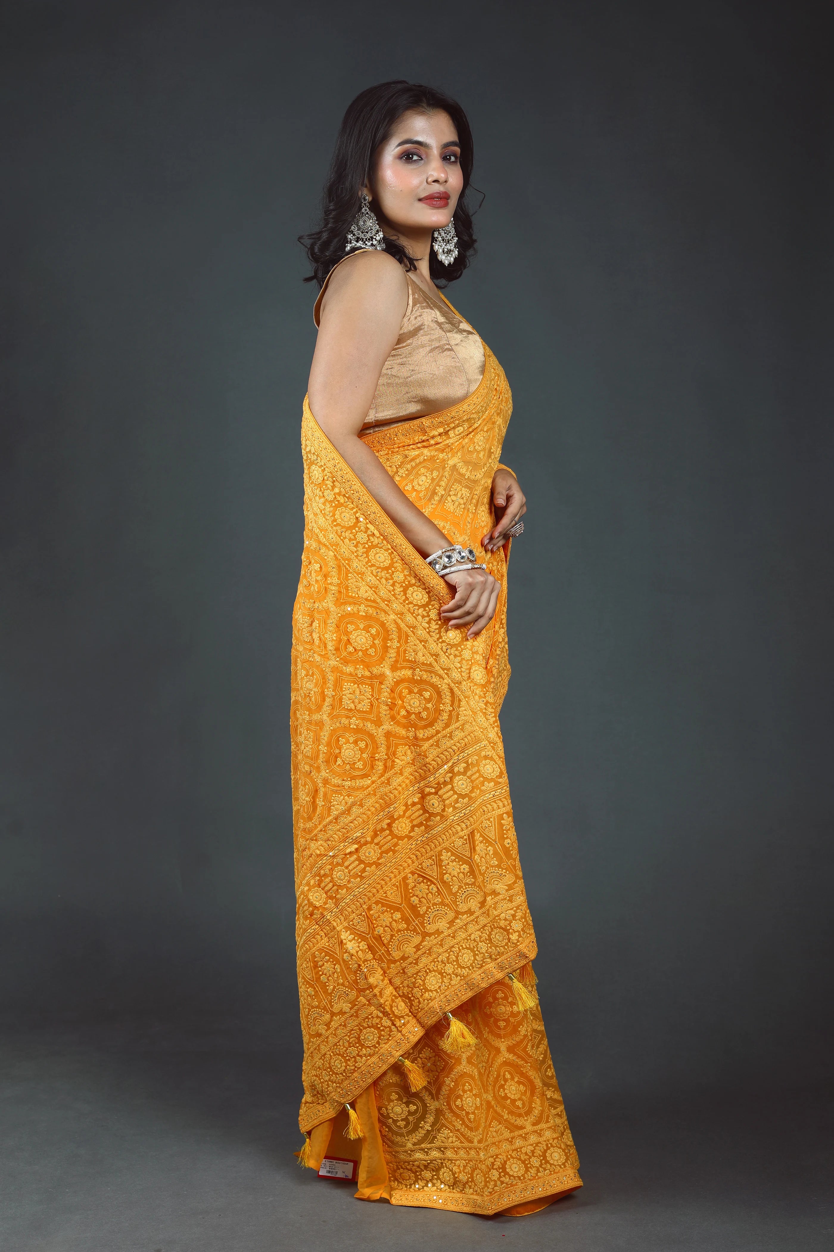 Mango Yellow Chikankari Chikankari Saree With Blouse Piece