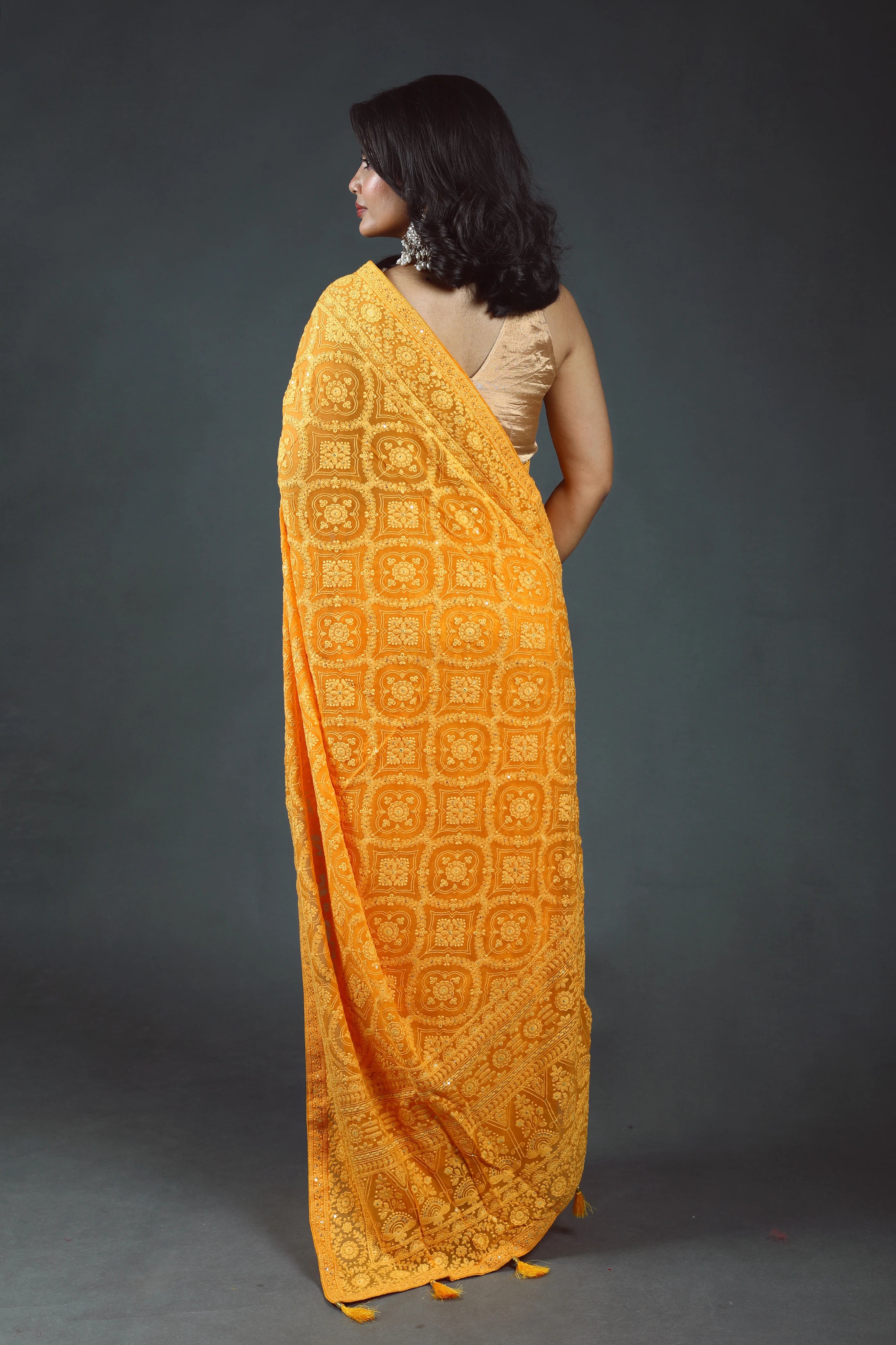 Mango Yellow Chikankari Chikankari Saree With Blouse Piece