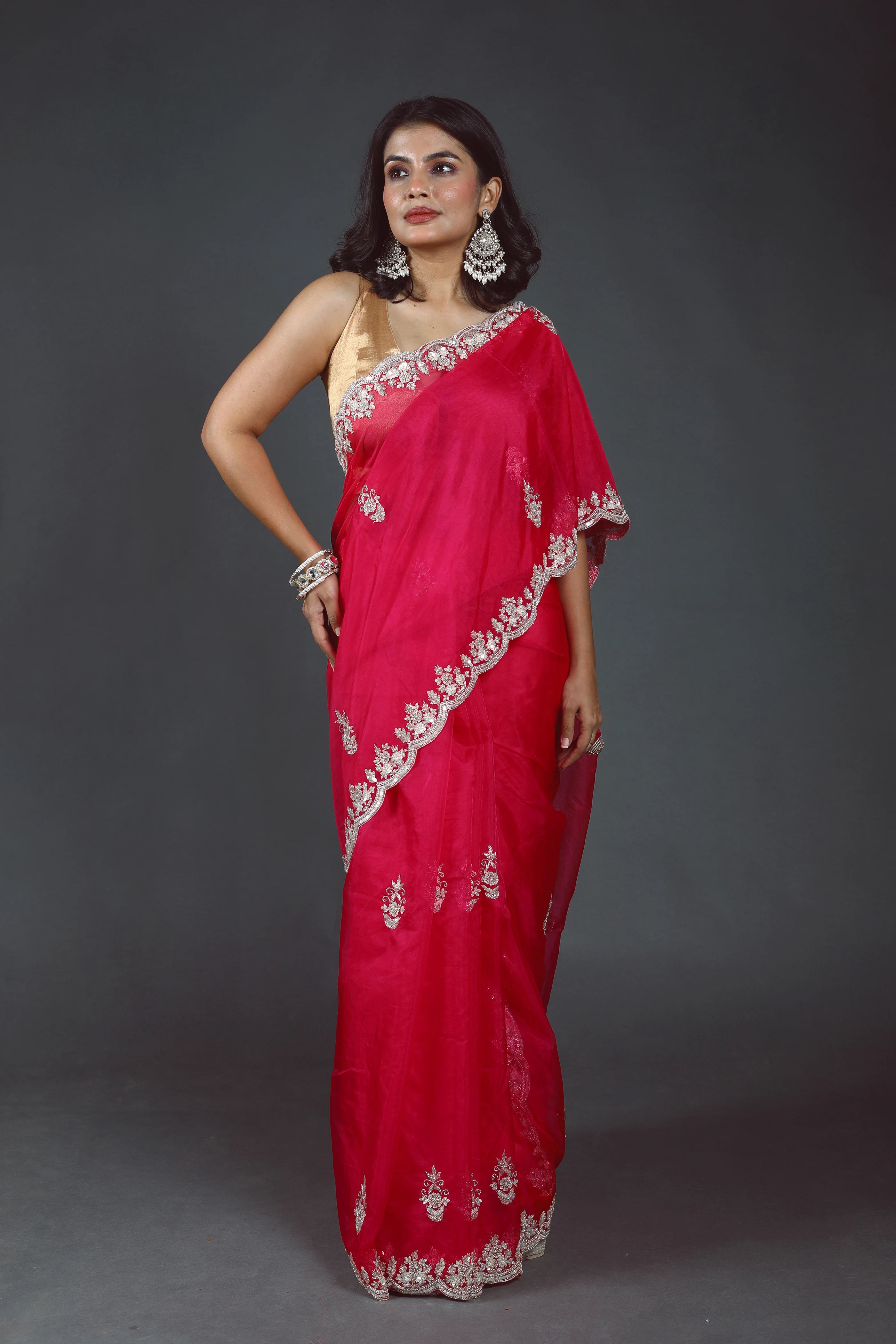 Phusia Pink Semi Organza Zardosi Work Saree With Blouse Piece