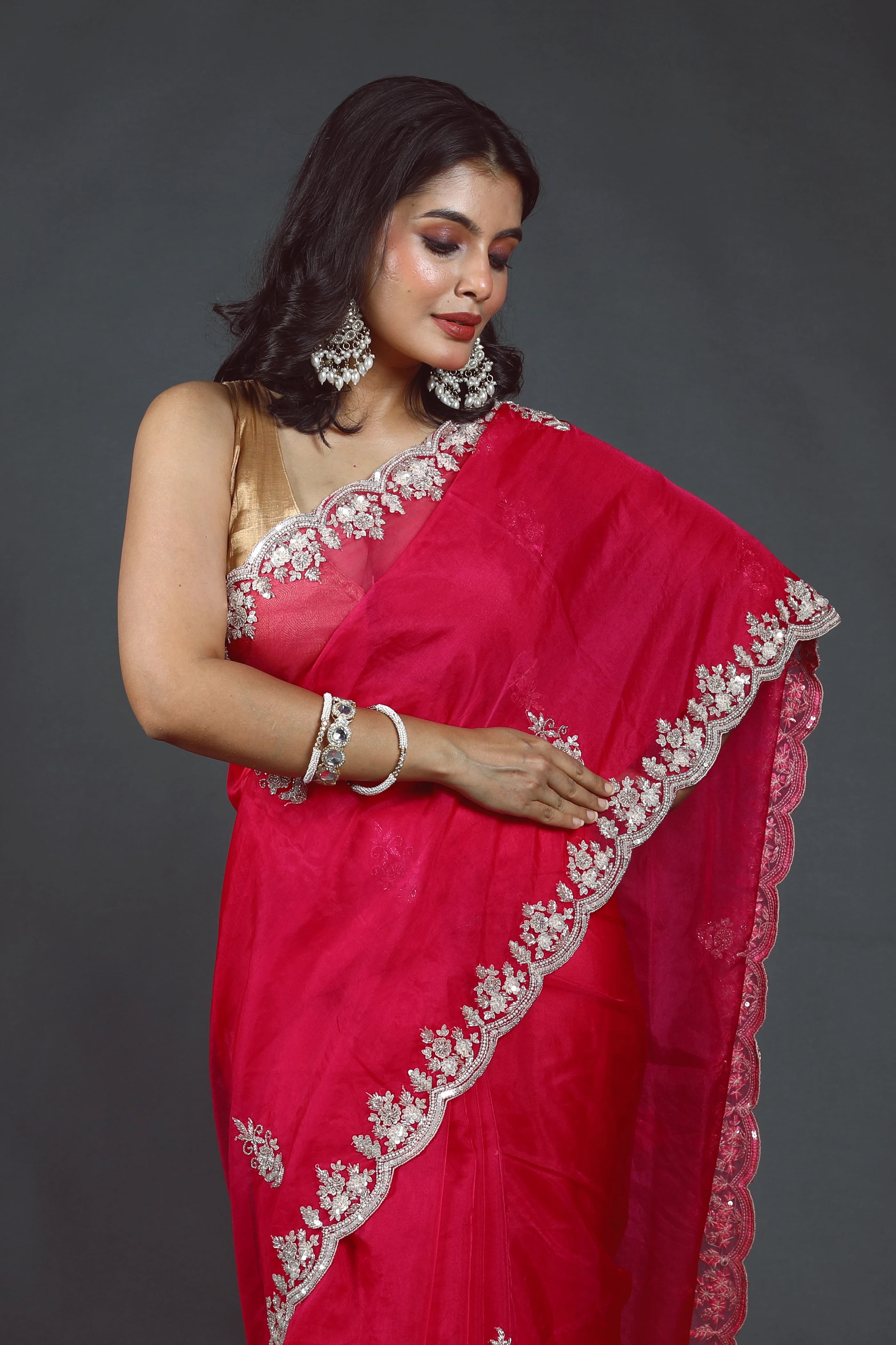 Phusia Pink Semi Organza Zardosi Work Saree With Blouse Piece
