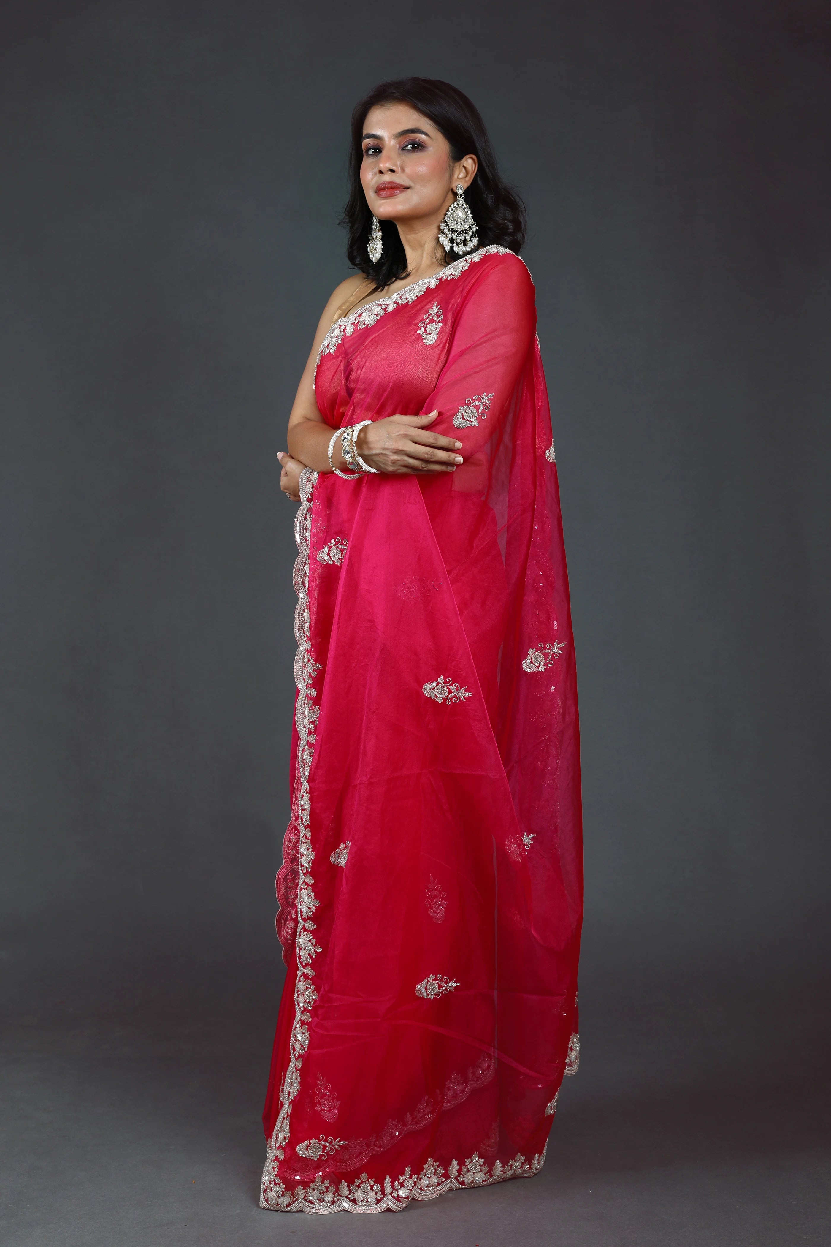 Phusia Pink Semi Organza Zardosi Work Saree With Blouse Piece
